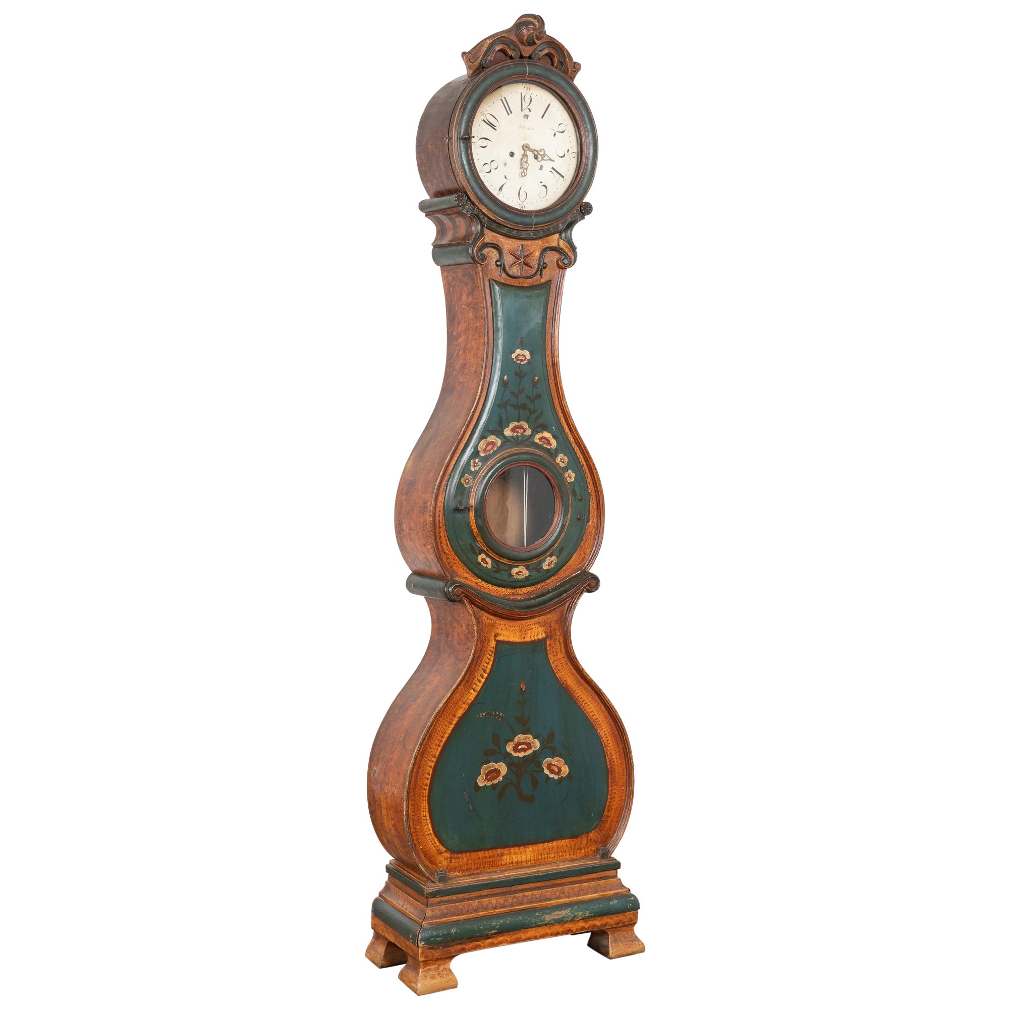 19th Century Hand Painted Swedish Mora Grandfather Clock For Sale