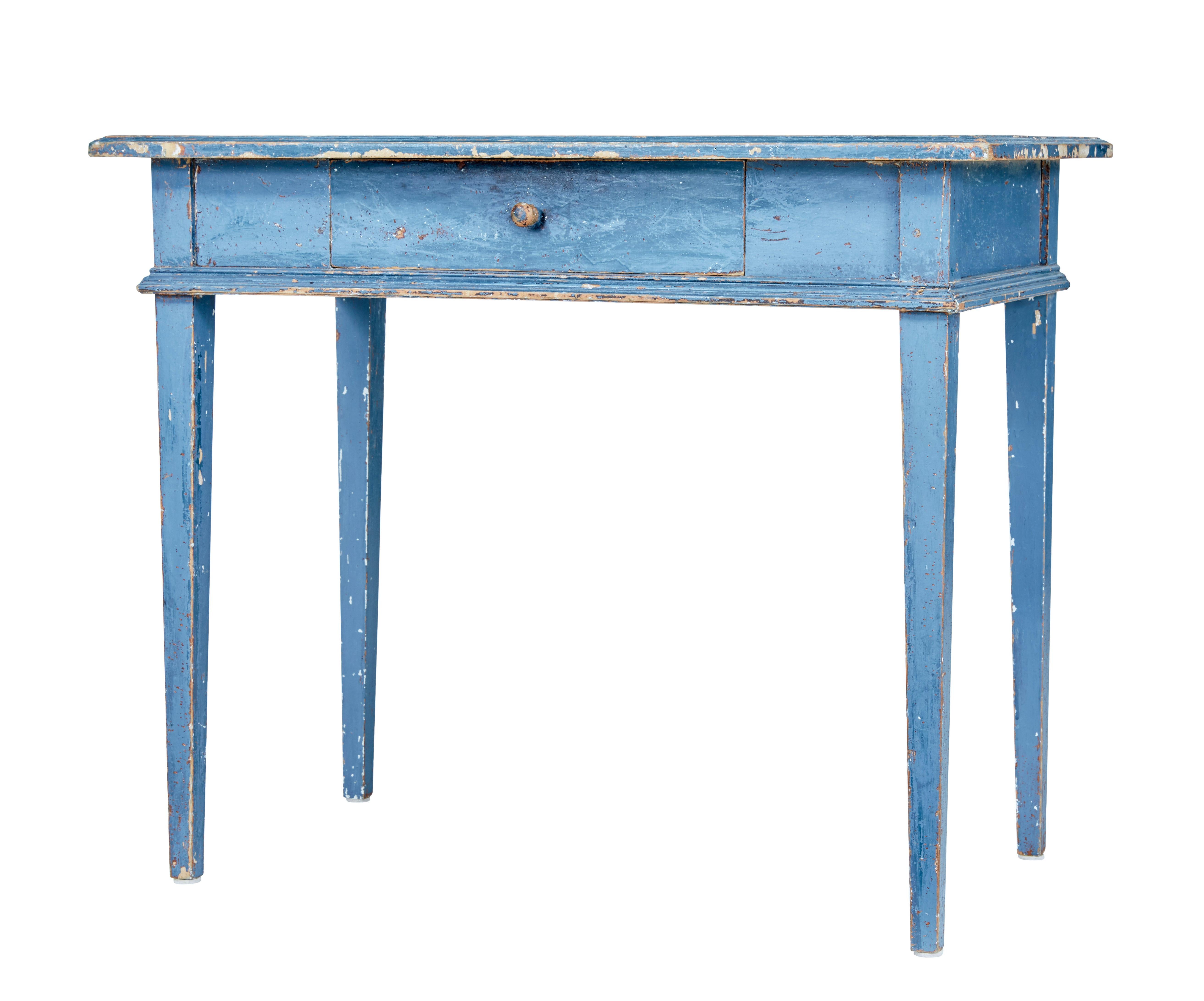 19th century hand painted Swedish side table circa 1880.

Lovely traditional Swedish side table in original striking blue paintwork. 

Rectangular slightly over-sailing top with bull nosed ends. Single drawer underneath. Standing on 4 tapering