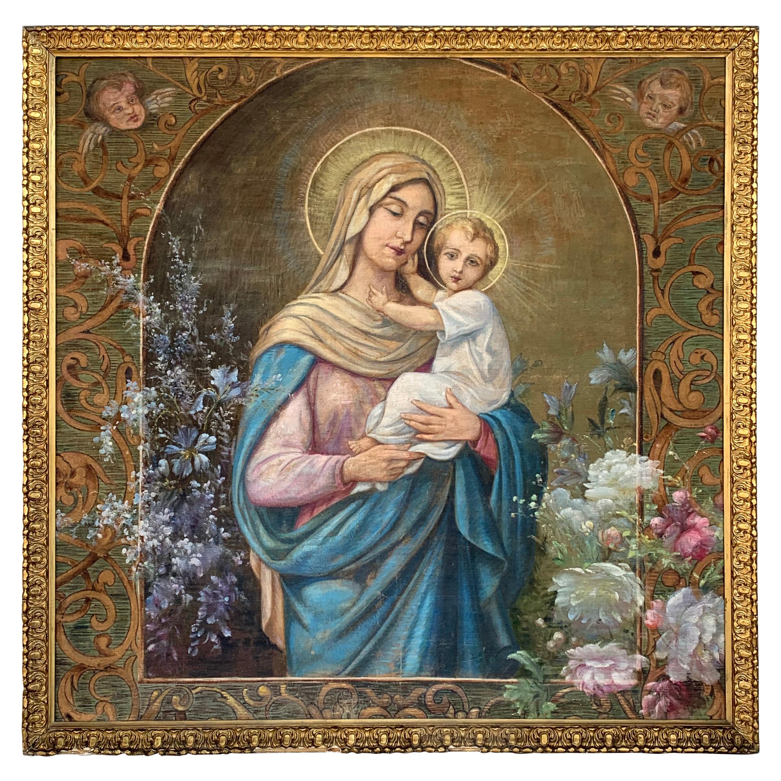 Handbemalter Wandteppich aus dem 19. Jahrhundert, der Madonna mit einem Kind darstellt