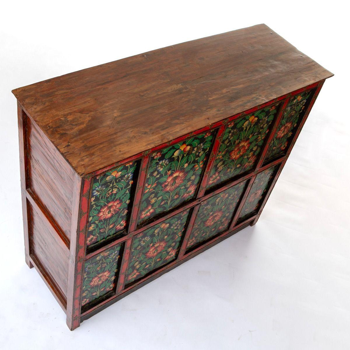 Other 19th Century Hand-Painted Tibetan Cabinet With Lotus Flowers For Sale