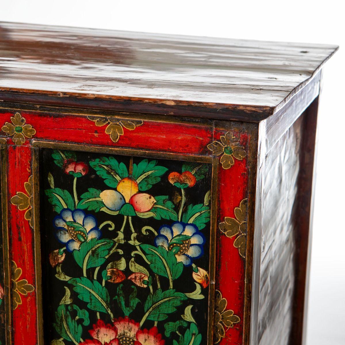 Pine 19th Century Hand-Painted Tibetan Cabinet With Lotus Flowers For Sale