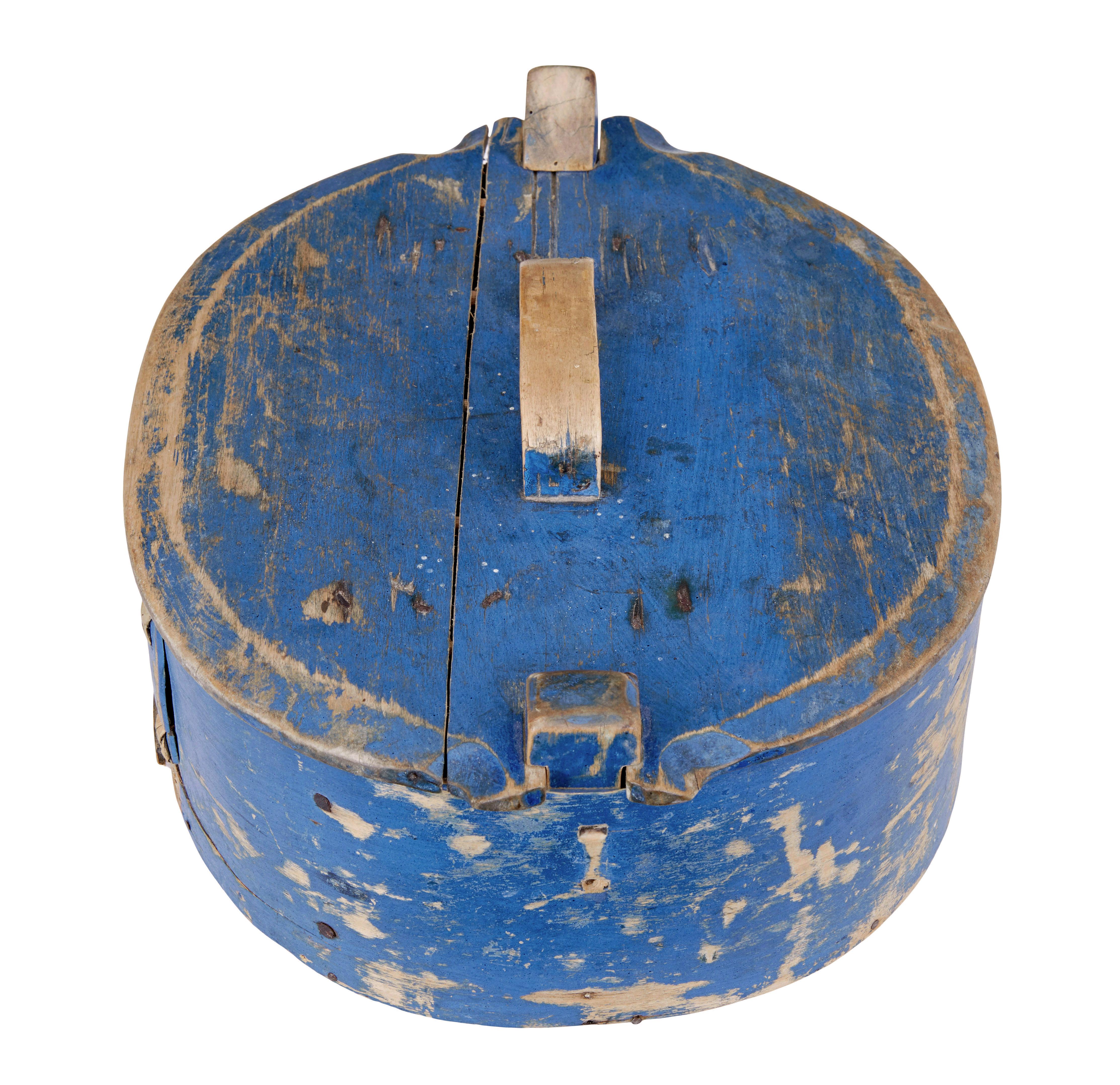 19th century hand painted tine decorative box circa 1860.

Good quality Swedish tine box, used for storing valuables or foods for secure storage.  This example in it's original blue paint scheme, and still functions with its self locking