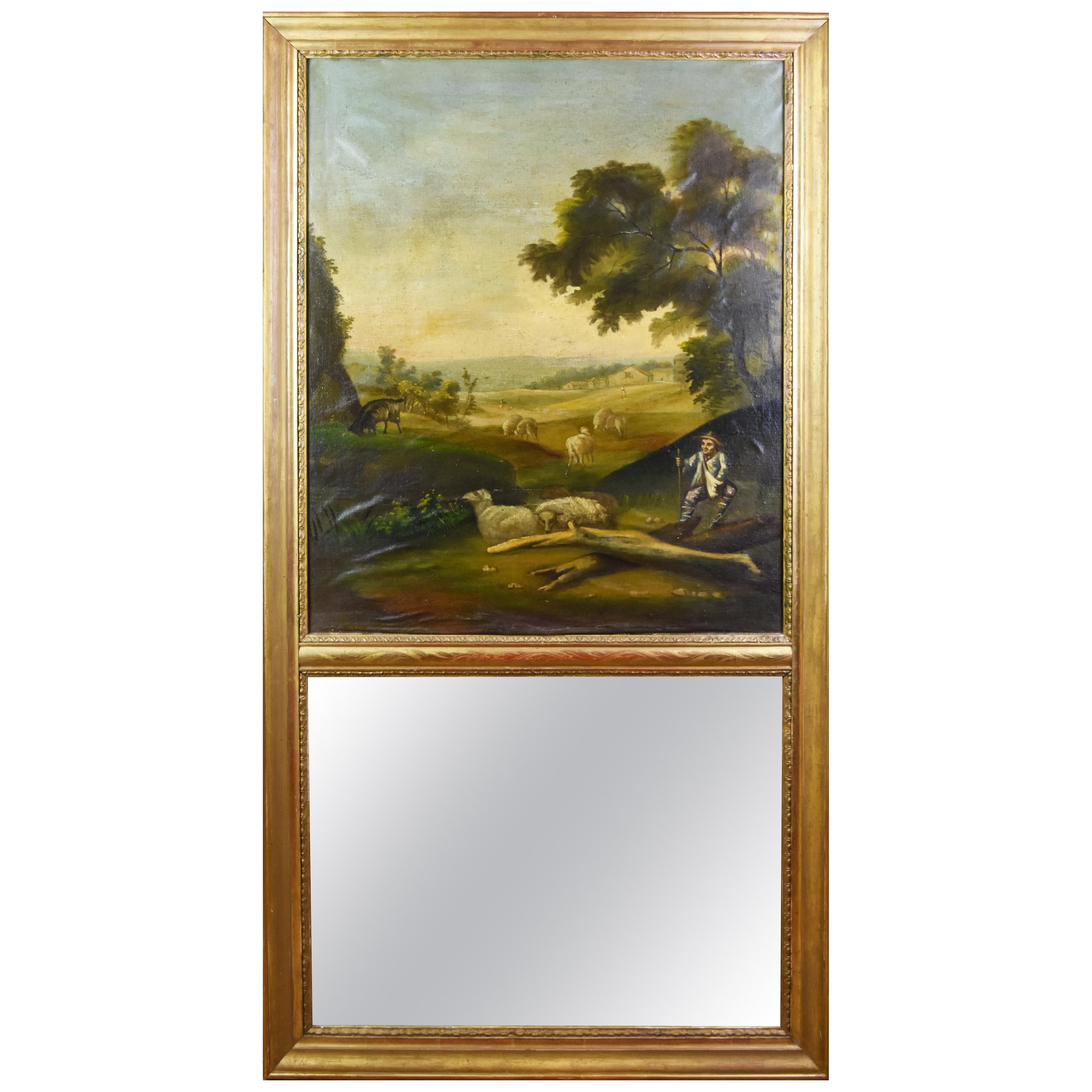 19th Century Hand-Painted Trumeau Mirror For Sale