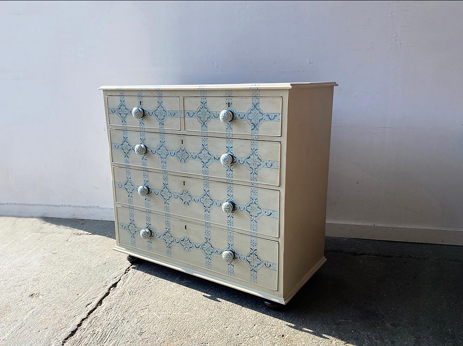 Late Victorian 19th century hand painted two over three chest of drawers For Sale
