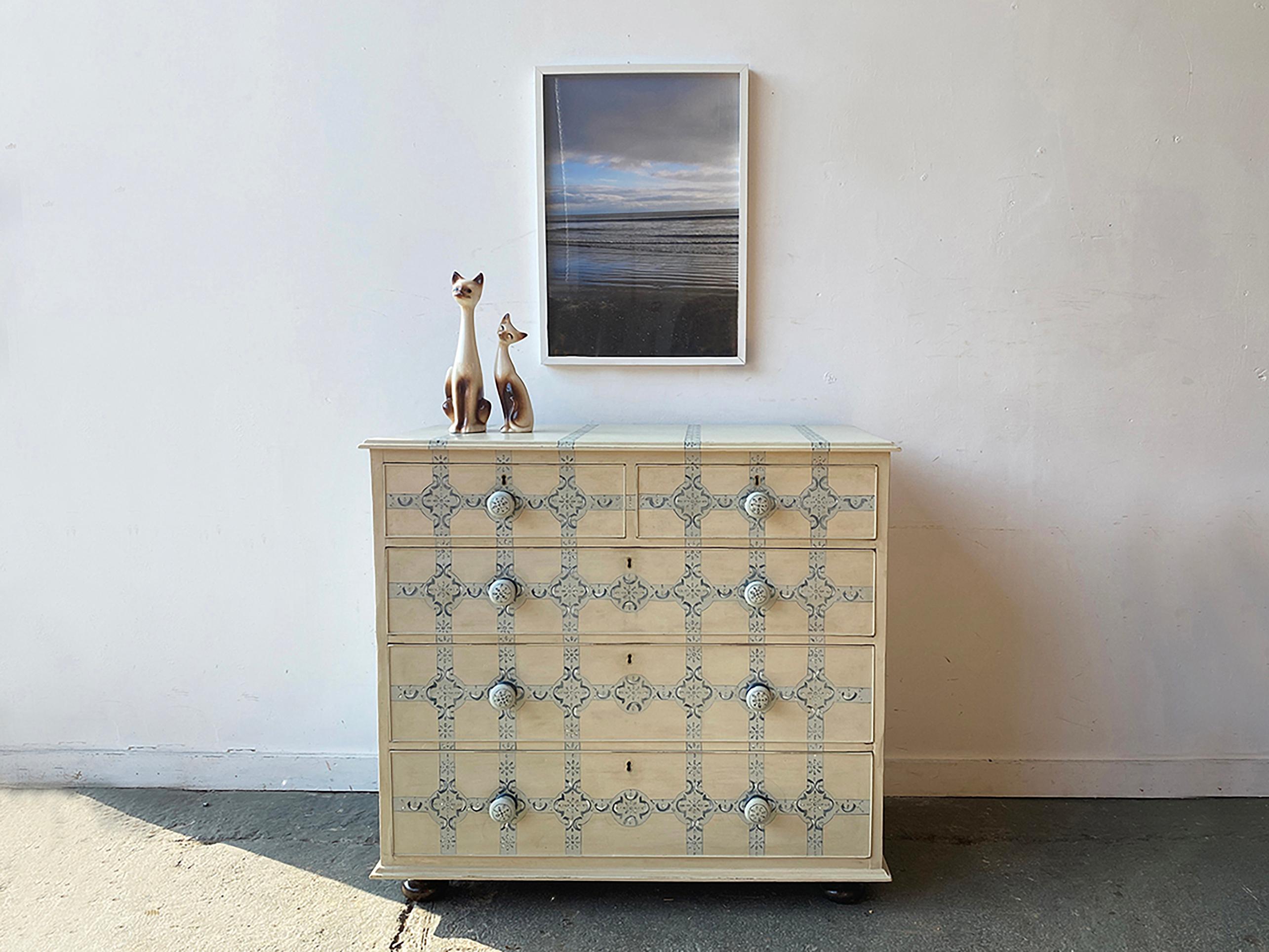 Hand-Painted 19th century hand painted two over three chest of drawers For Sale