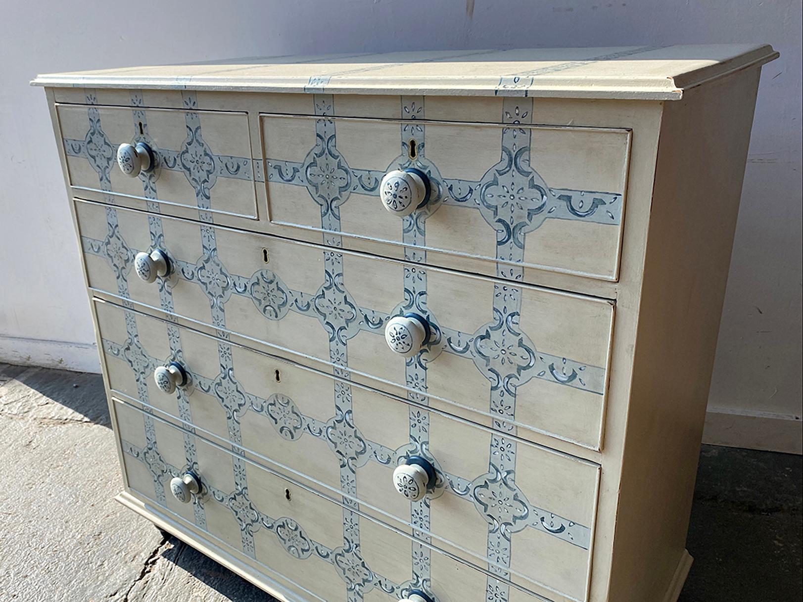 Pine 19th century hand painted two over three chest of drawers For Sale