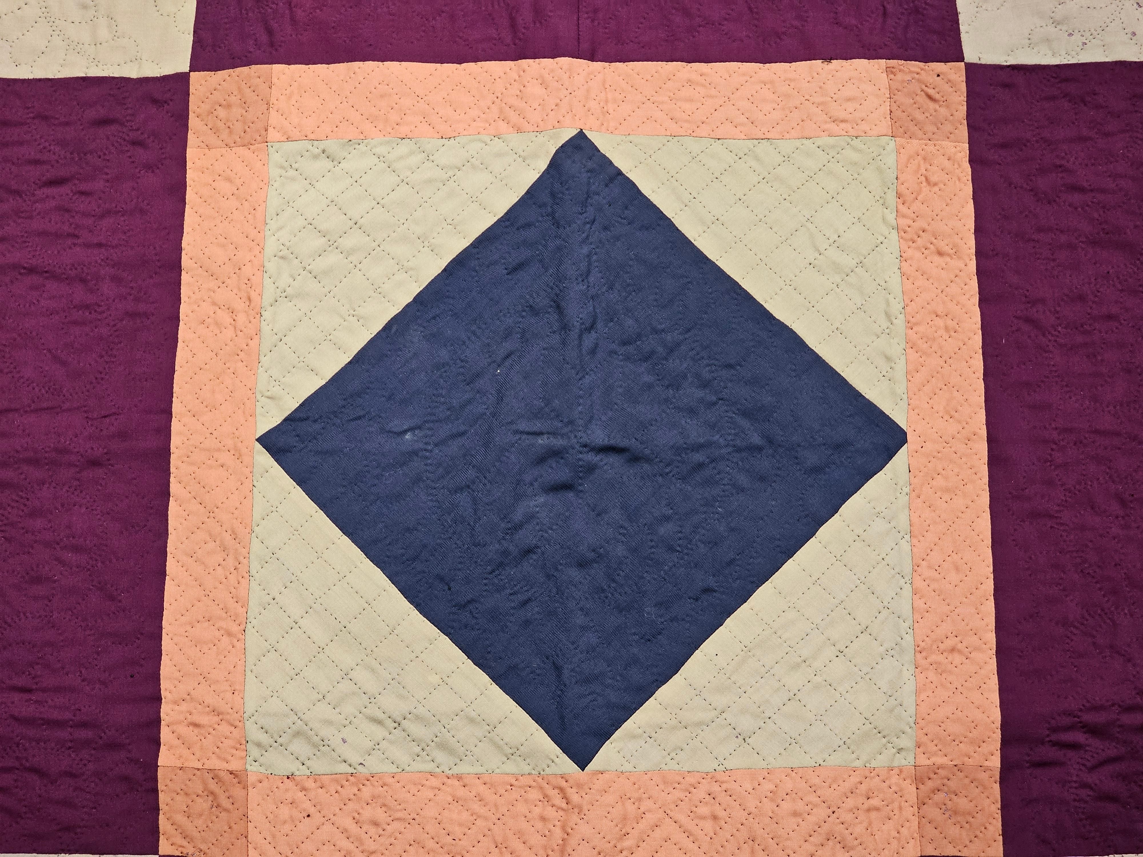 Cotton 19th Century Hand Stitched American Amish Crib Quilt in Pink, Ivory, Navy Blue For Sale