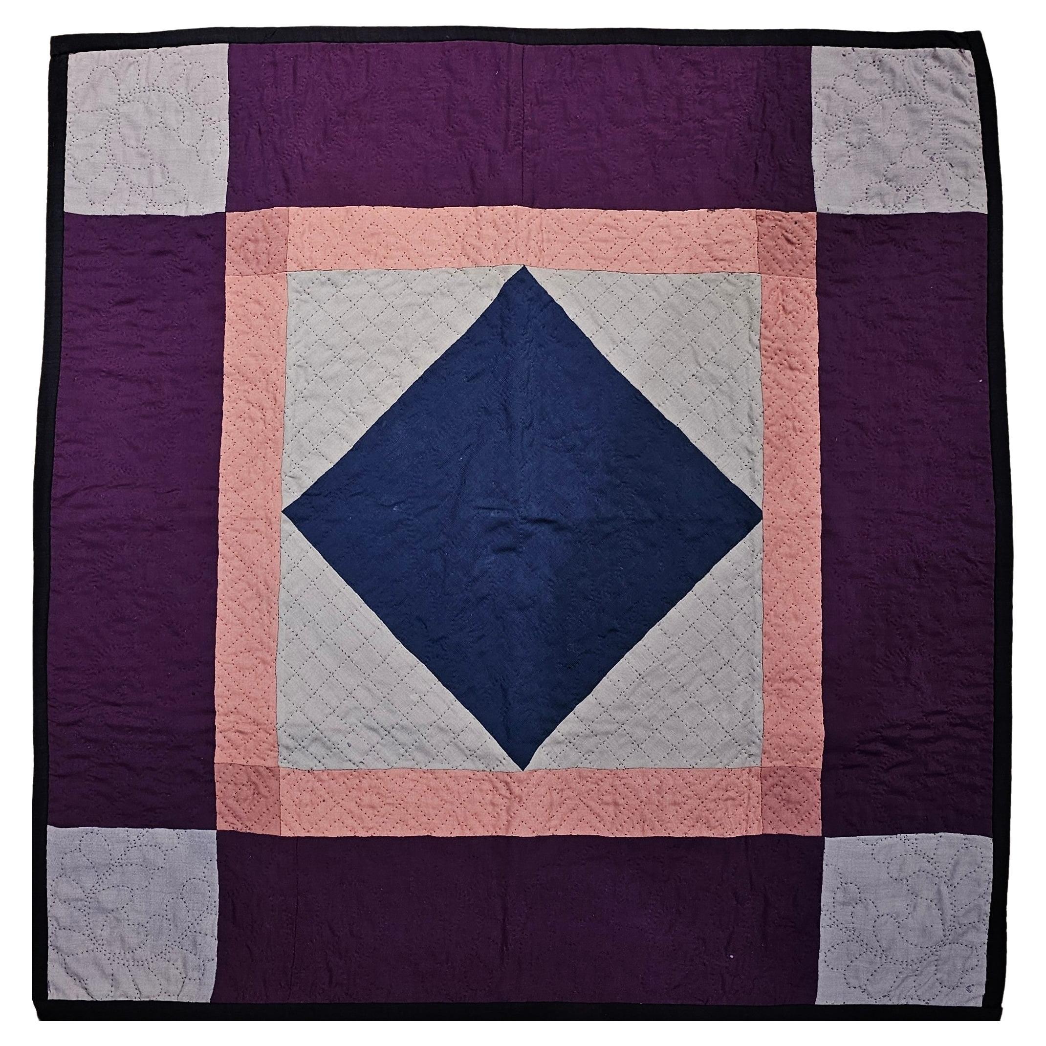 19th Century Hand Stitched American Amish Crib Quilt in Pink, Ivory, Navy Blue