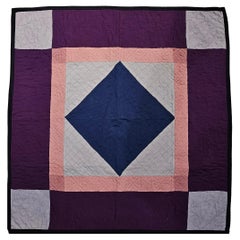 Used 19th Century Hand Stitched American Amish Crib Quilt in Pink, Ivory, Navy Blue