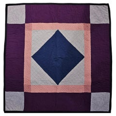 19th Century Hand Stitched American Amish Crib Quilt in Pink, Ivory, Navy Blue