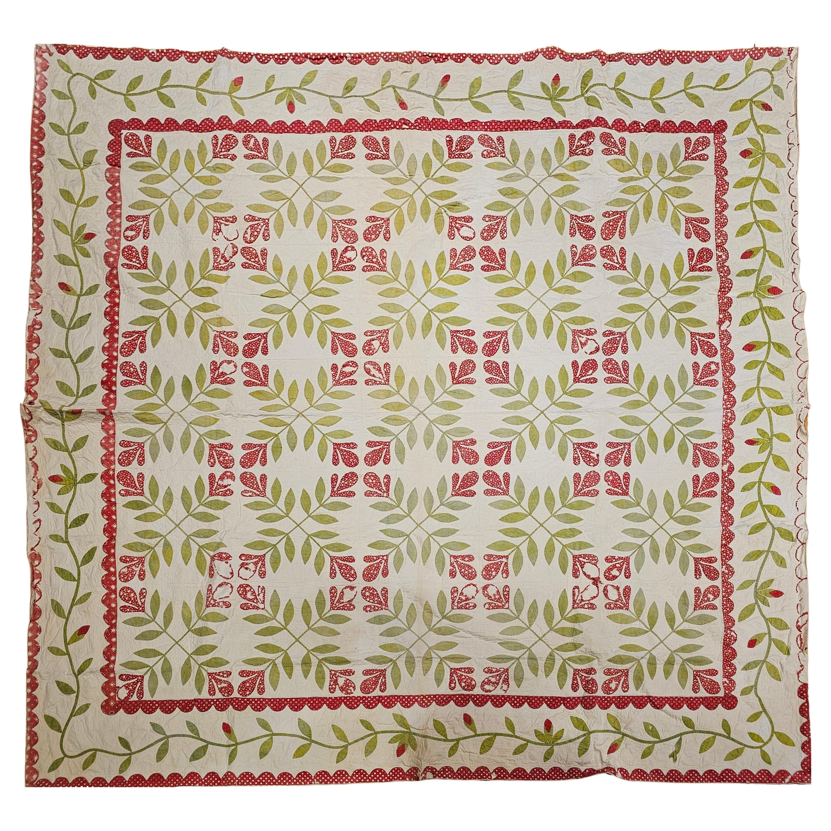 19th Century Hand-Stitched Appliqué Quilt, Pennsylvania Folk Art, 96" x 96"