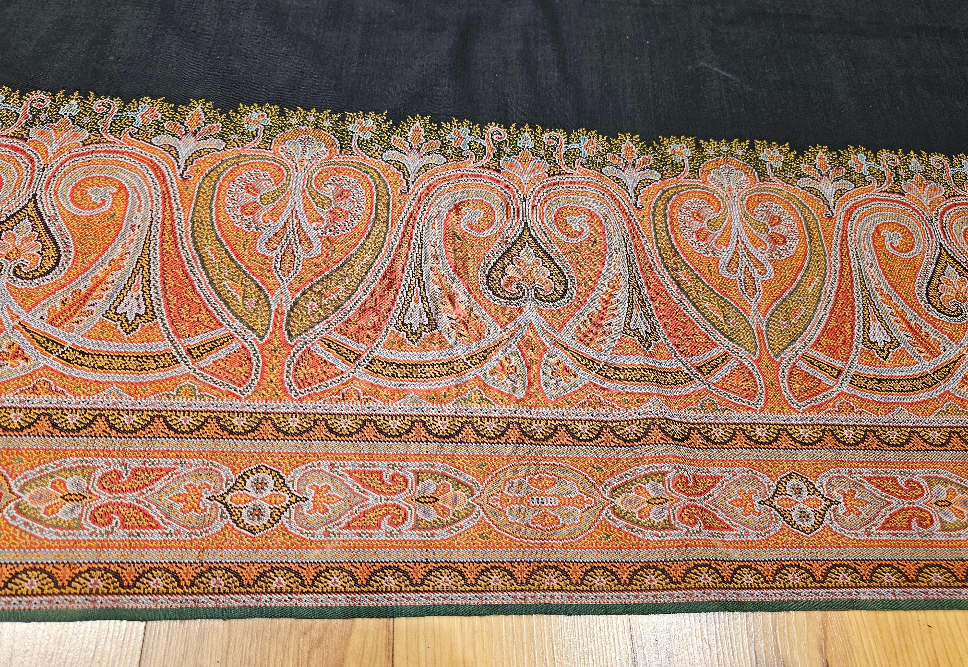 19th Century Hand-Woven Kashmiri Paisley Shawl in Brick Red, Black, Green For Sale 3