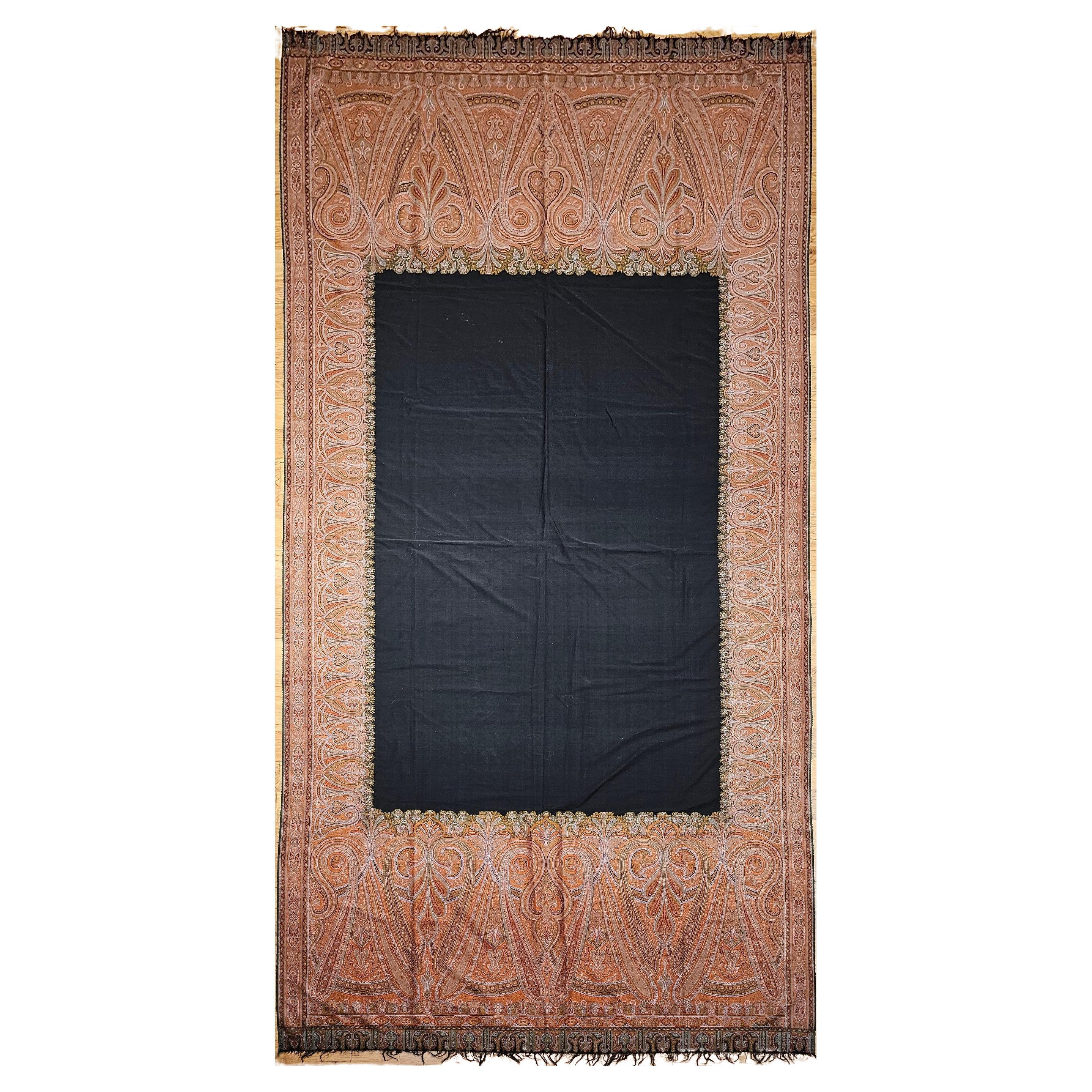 19th Century Hand-Woven Kashmiri Paisley Shawl in Brick Red, Black, Green For Sale