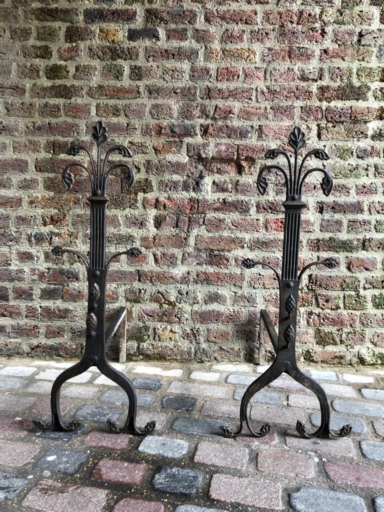 19th Century Hand Wrought Iron Gothic Fireplace Andirons Firedogs 3