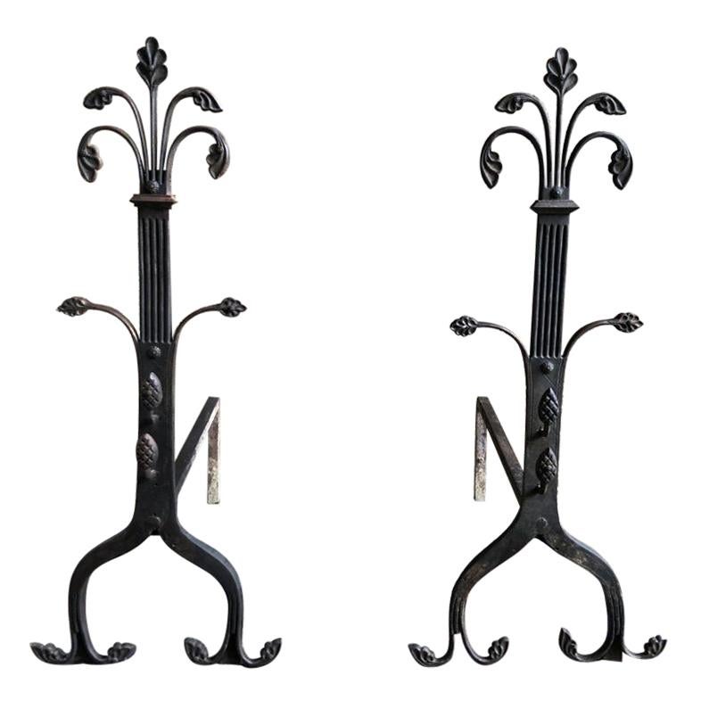 19th Century Hand Wrought Iron Gothic Fireplace Andirons Firedogs