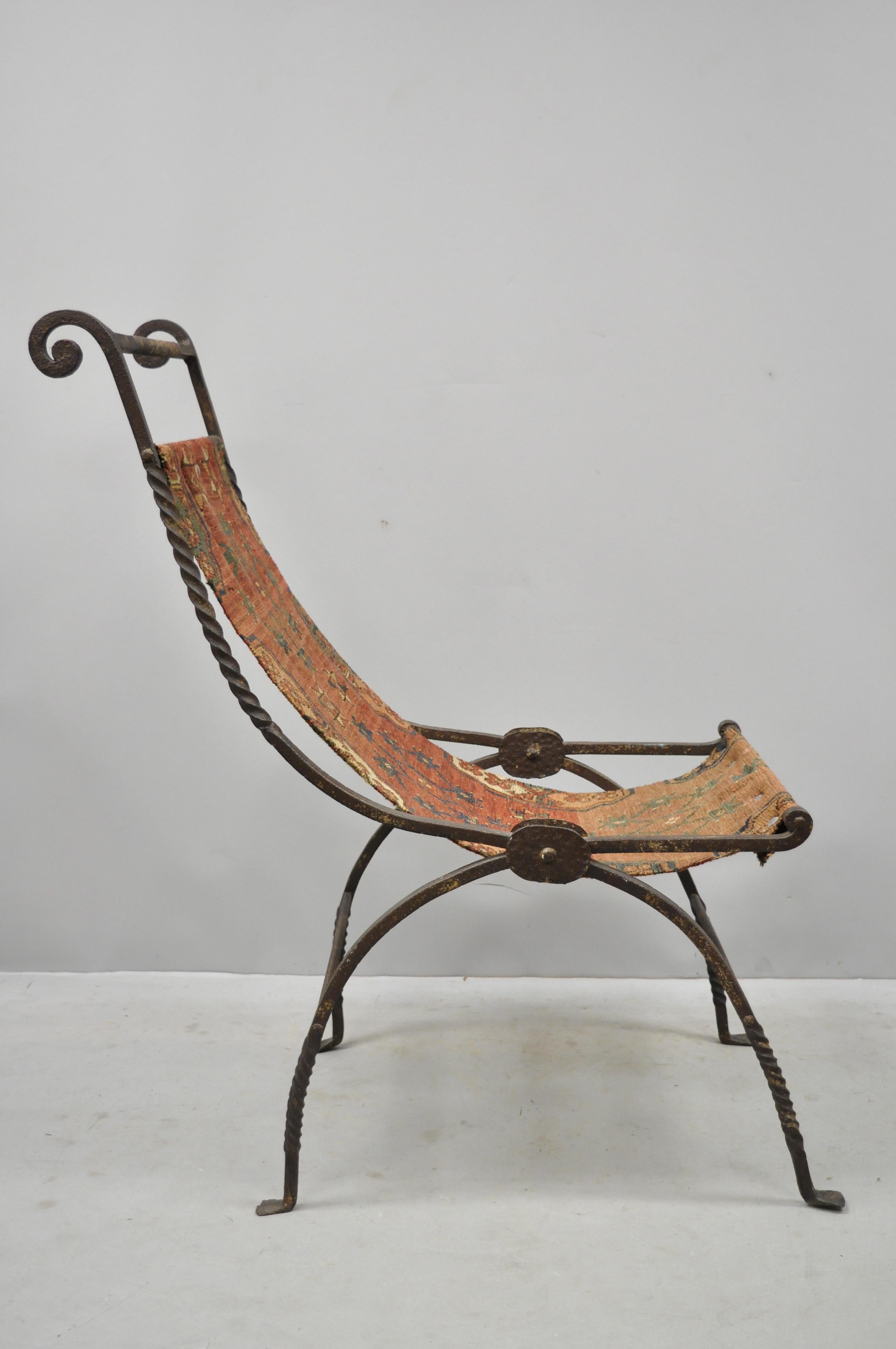19th Century Hand Wrought Iron Renaissance Savonarola Carpet Sling Side Chair For Sale 8