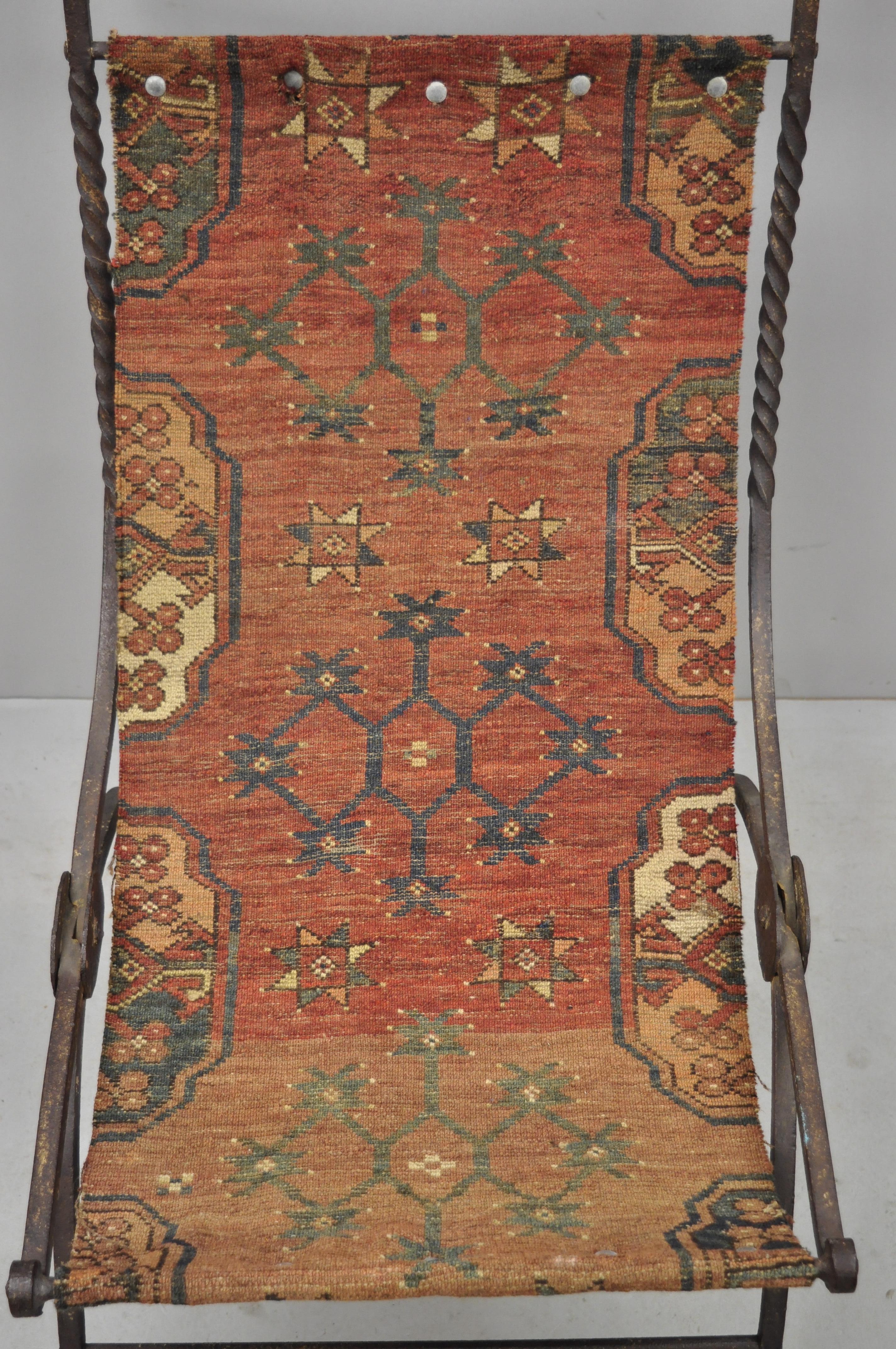 European 19th Century Hand Wrought Iron Renaissance Savonarola Carpet Sling Side Chair For Sale