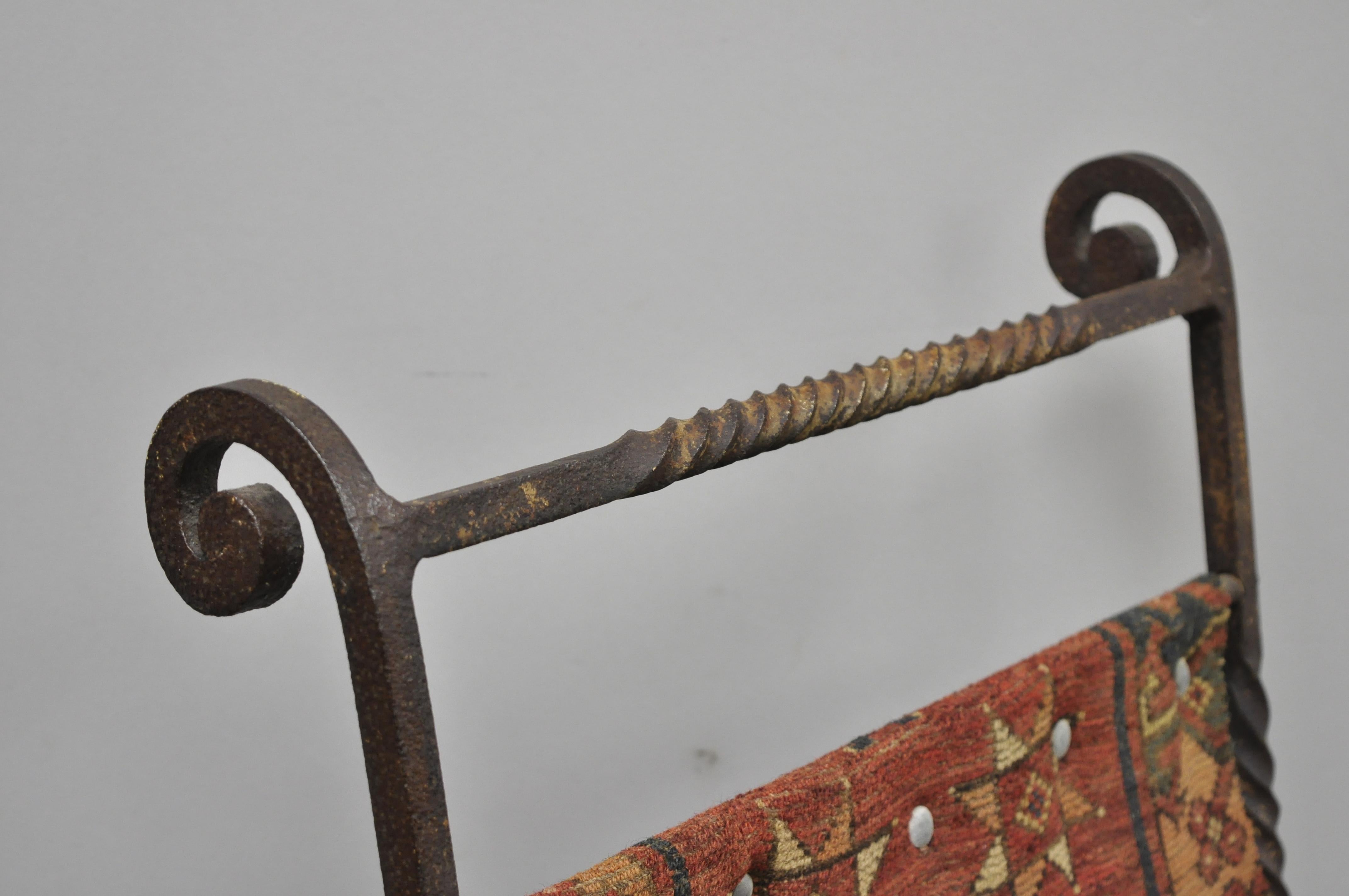 19th Century Hand Wrought Iron Renaissance Savonarola Carpet Sling Side Chair In Good Condition For Sale In Philadelphia, PA