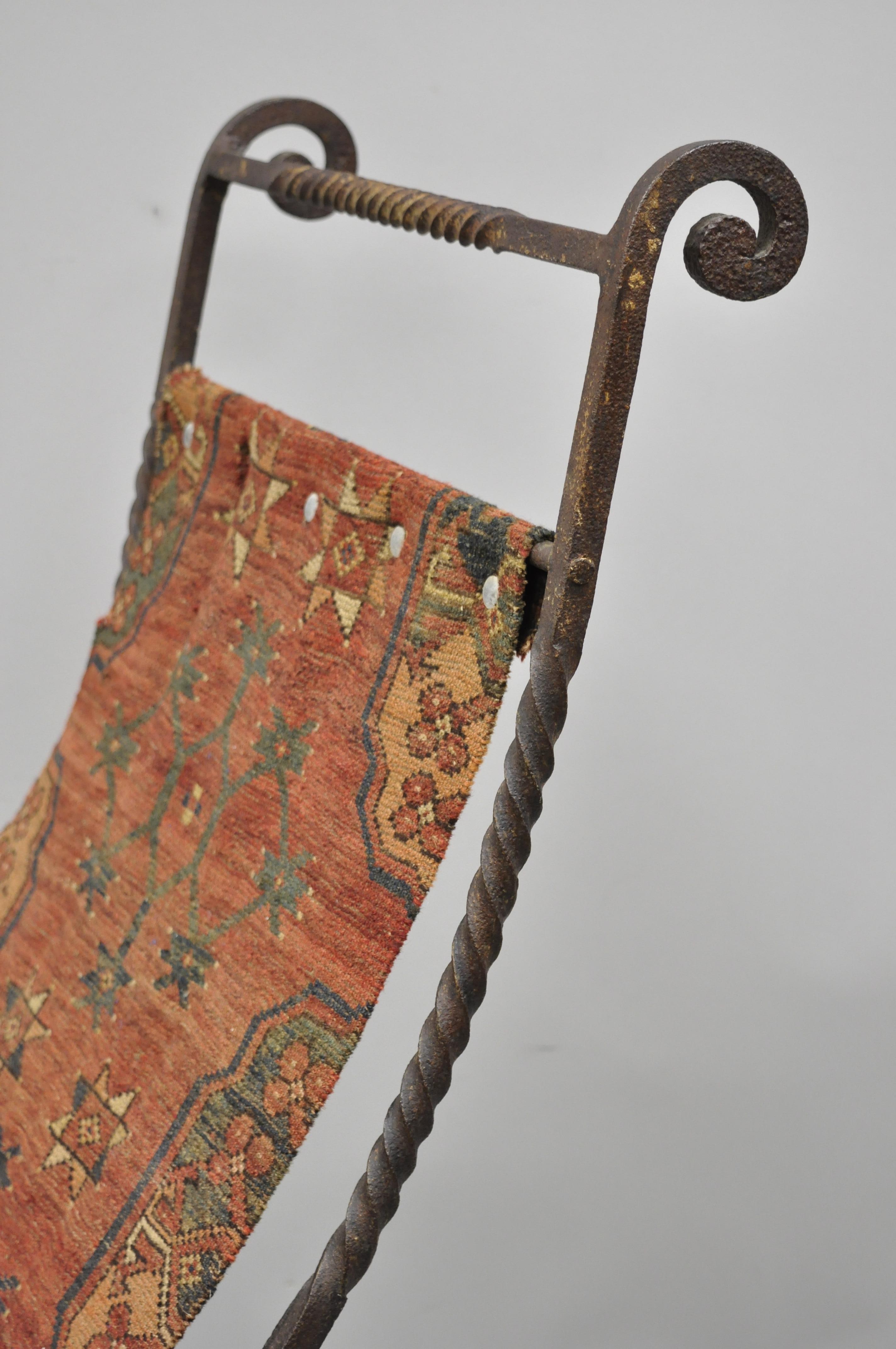 19th Century Hand Wrought Iron Renaissance Savonarola Carpet Sling Side Chair For Sale 2