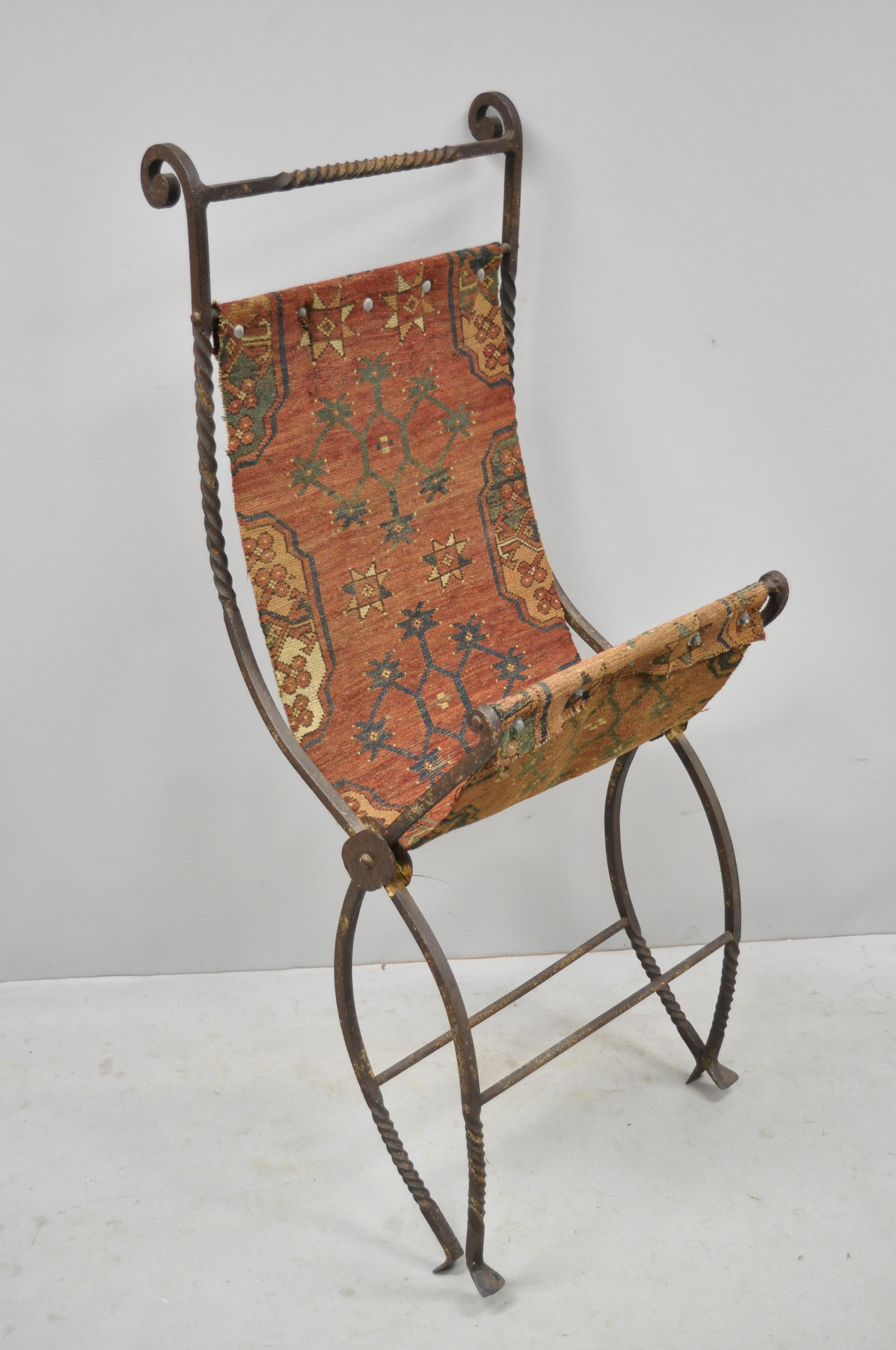 19th Century Hand Wrought Iron Renaissance Savonarola Carpet Sling Side Chair For Sale 3