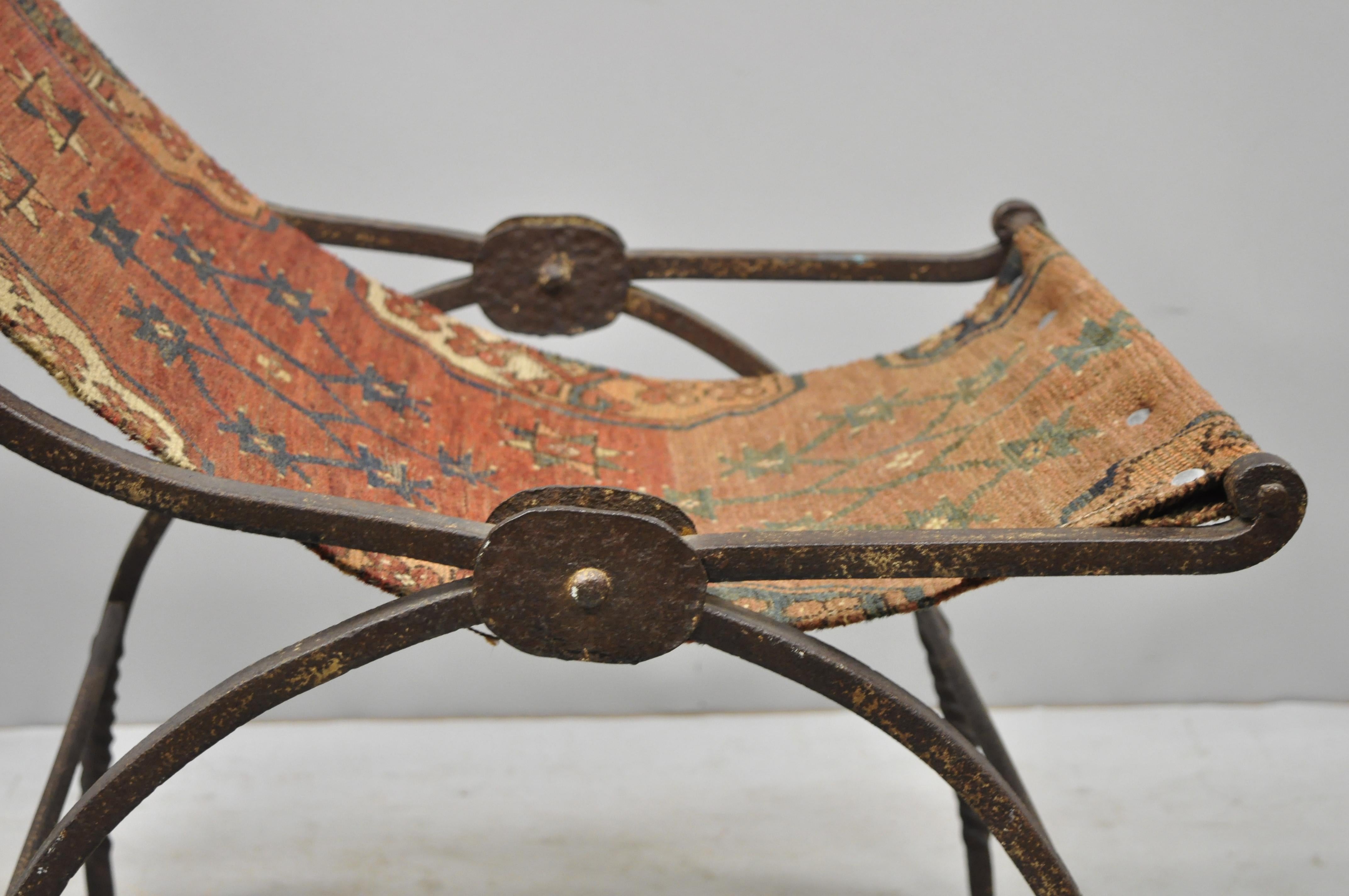 19th Century Hand Wrought Iron Renaissance Savonarola Carpet Sling Side Chair For Sale 4
