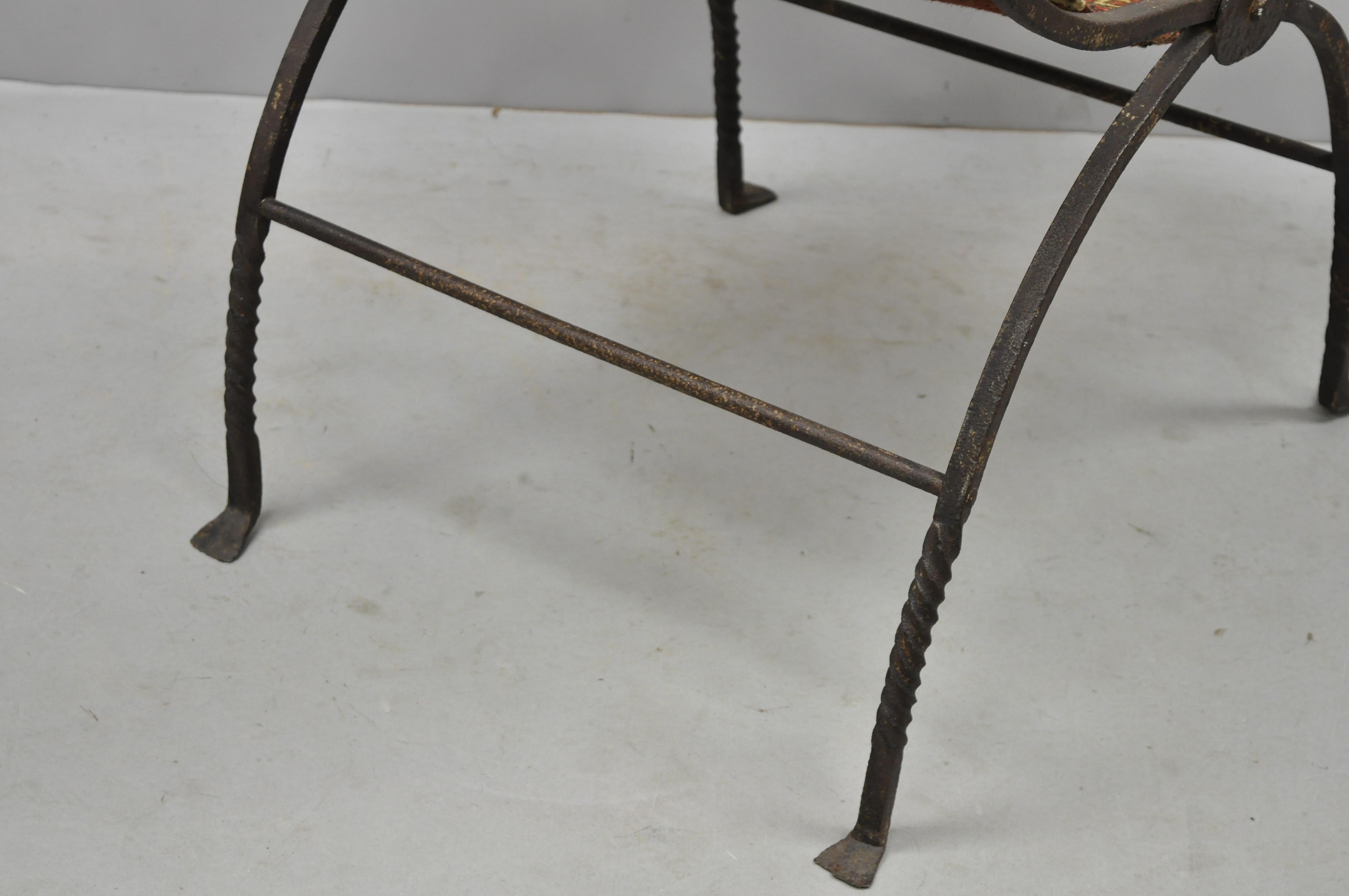 19th Century Hand Wrought Iron Renaissance Savonarola Carpet Sling Side Chair For Sale 5