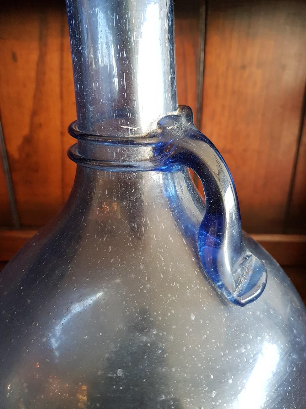 Hand-Crafted 19th Century Handblown Blue Glass Jug For Sale