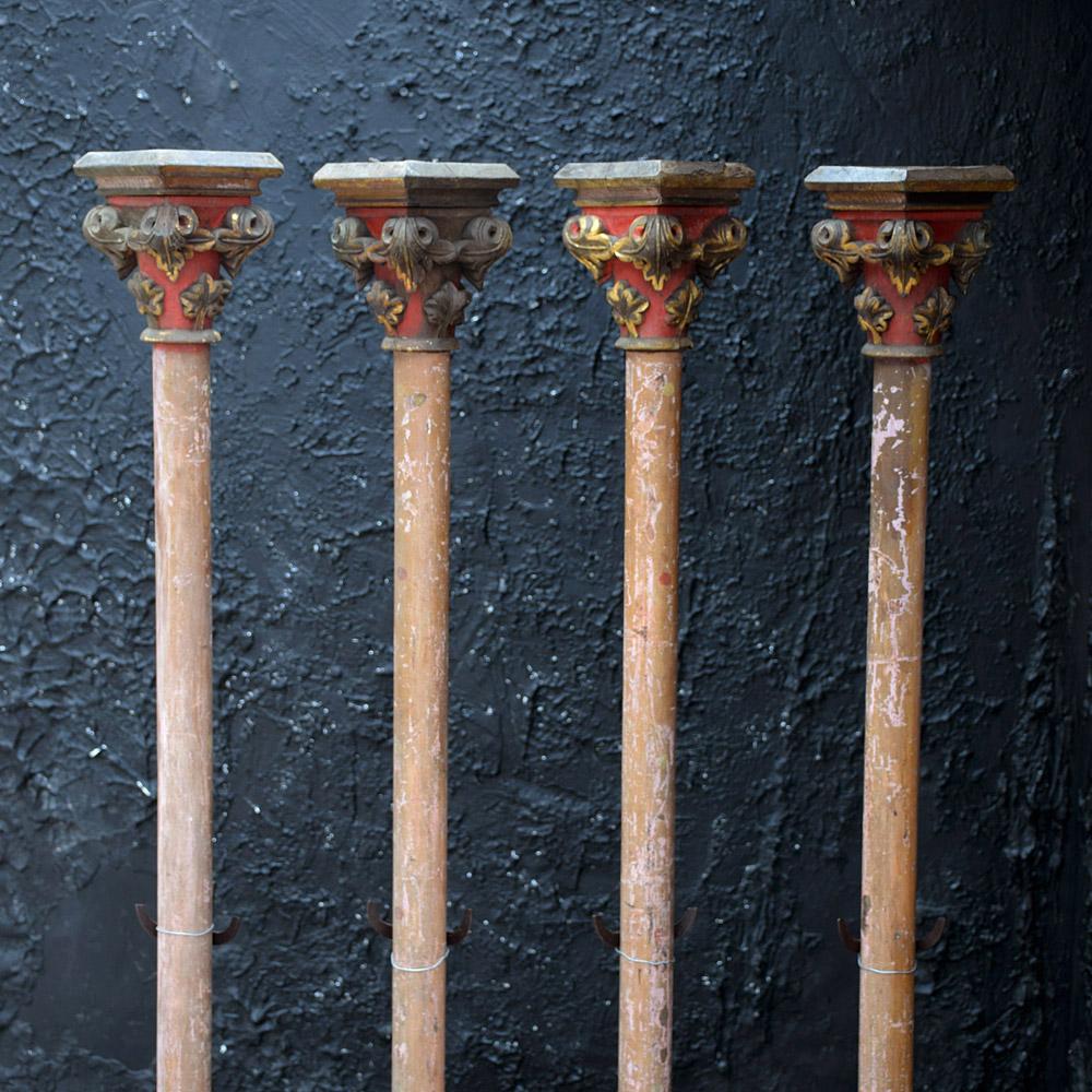 4 English fairground poles
We are proud to offer a unique set of 4 English fairground poles, hand carved from pine and individually painted with gold gilt, red and faux effect. The poles are section made and the crown section can be removed. These