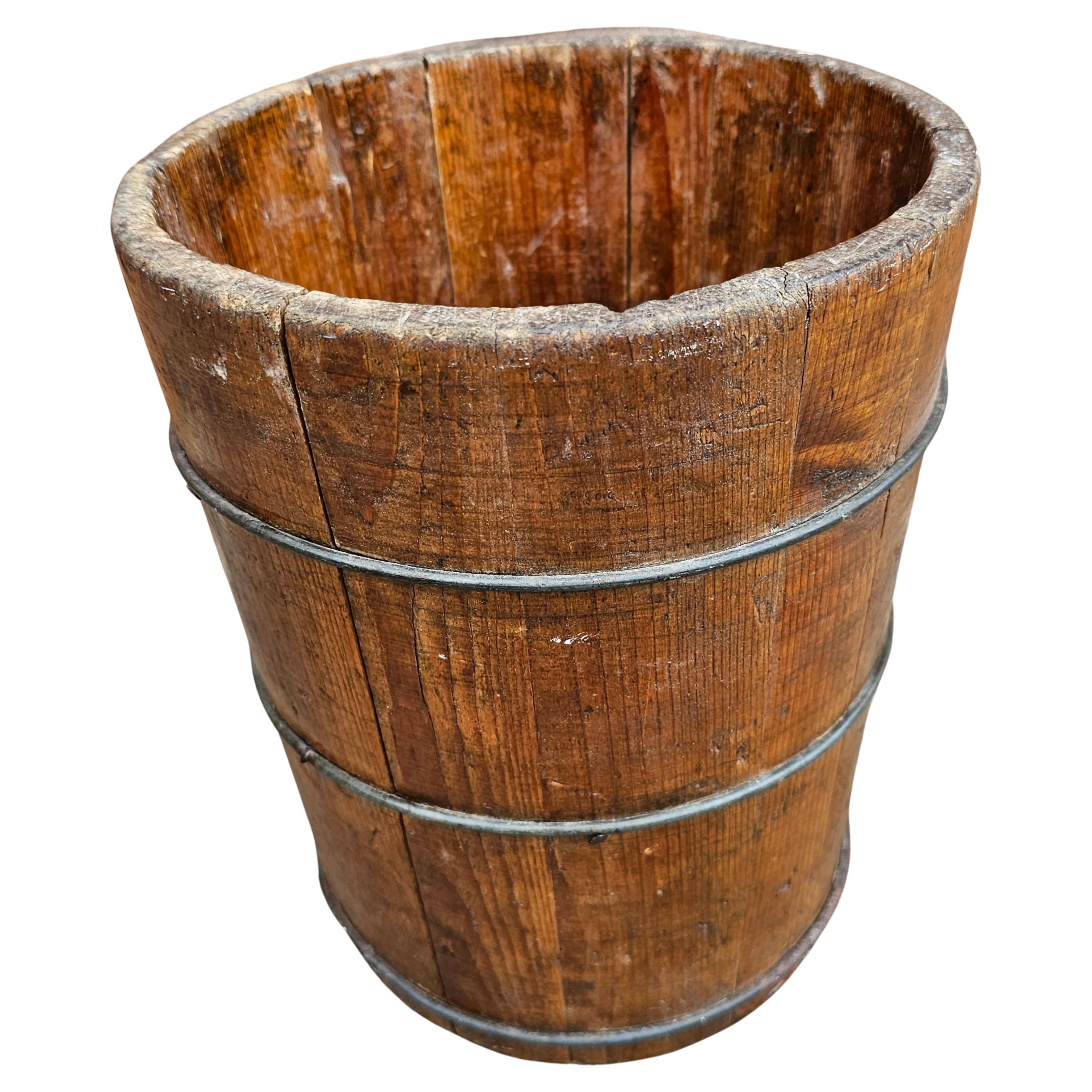 19th Century Handcrafted Turned Wooden Bail Bucket, Nowadays Planter For Sale