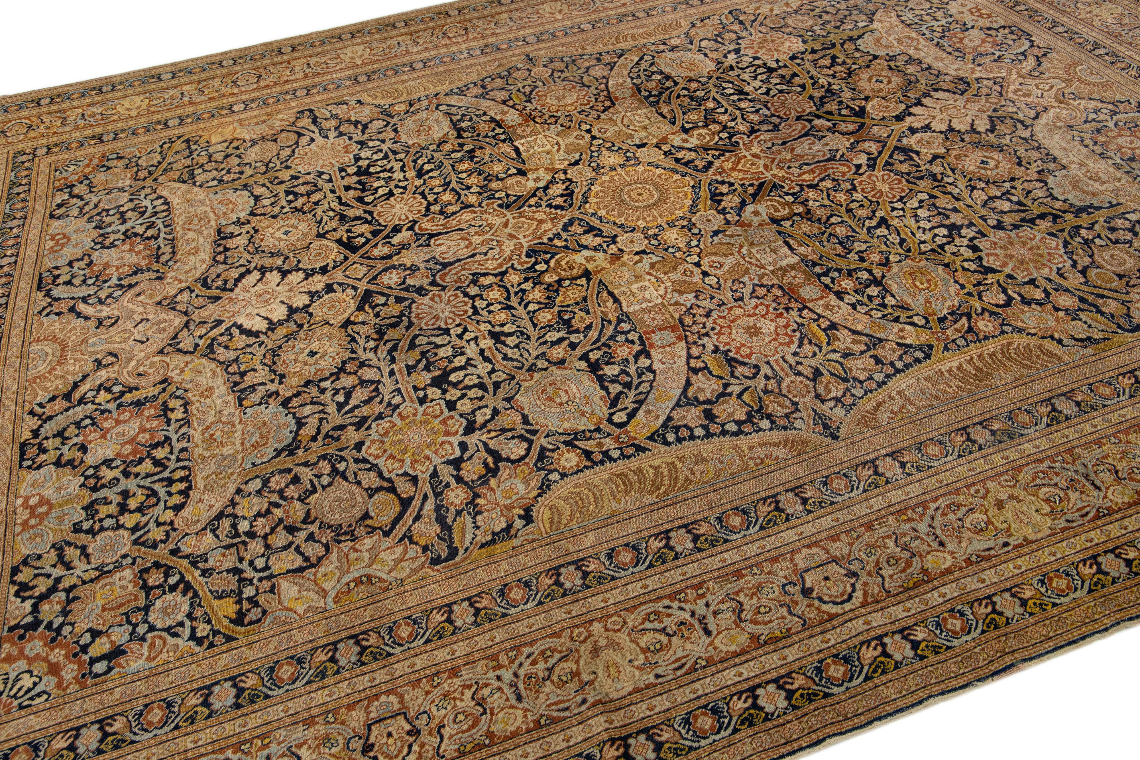 19th Century Handmade Antique Persian Tabriz Blue Wool Rug In Good Condition For Sale In Norwalk, CT