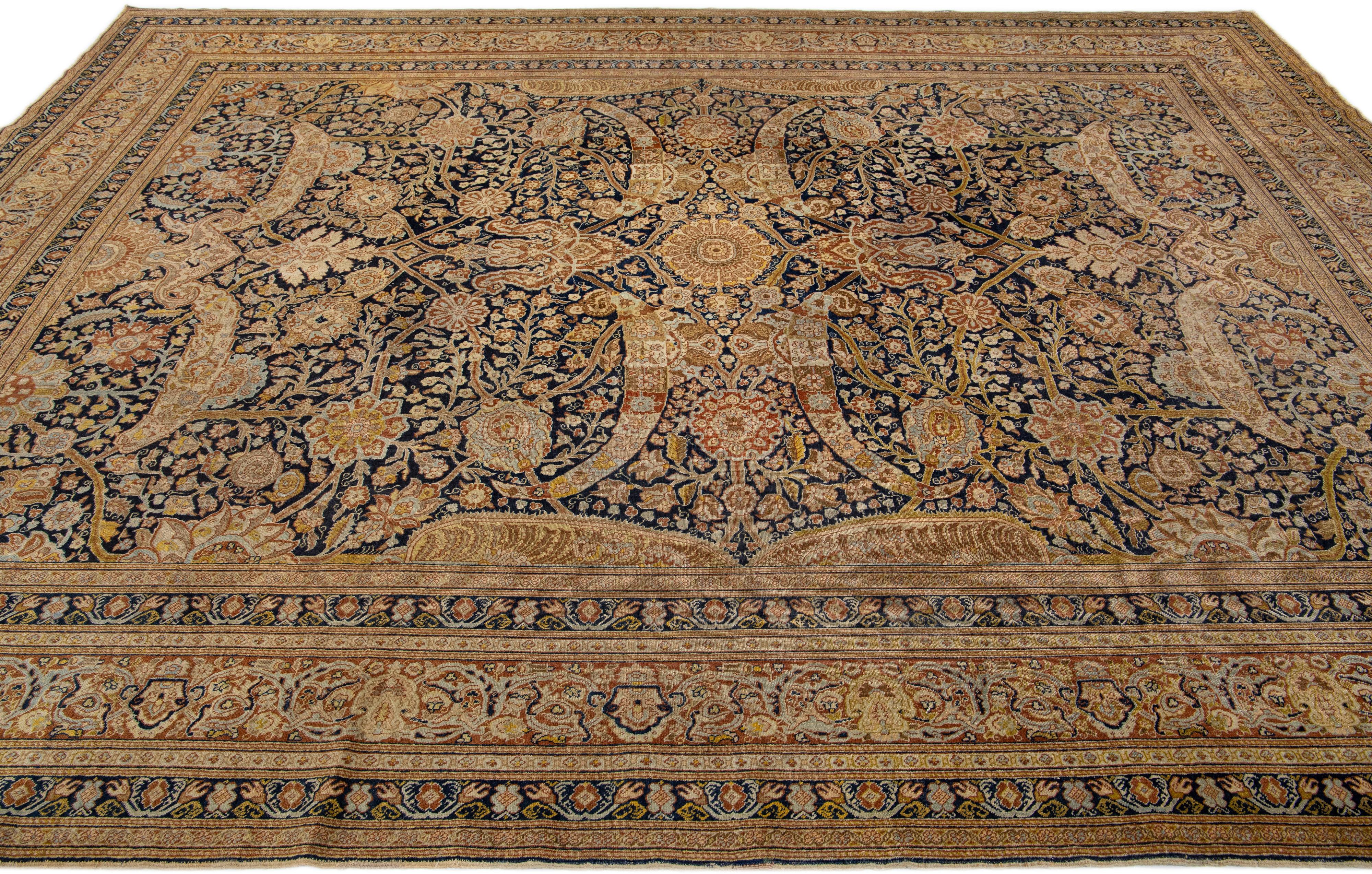 19th Century Handmade Antique Persian Tabriz Blue Wool Rug For Sale 1