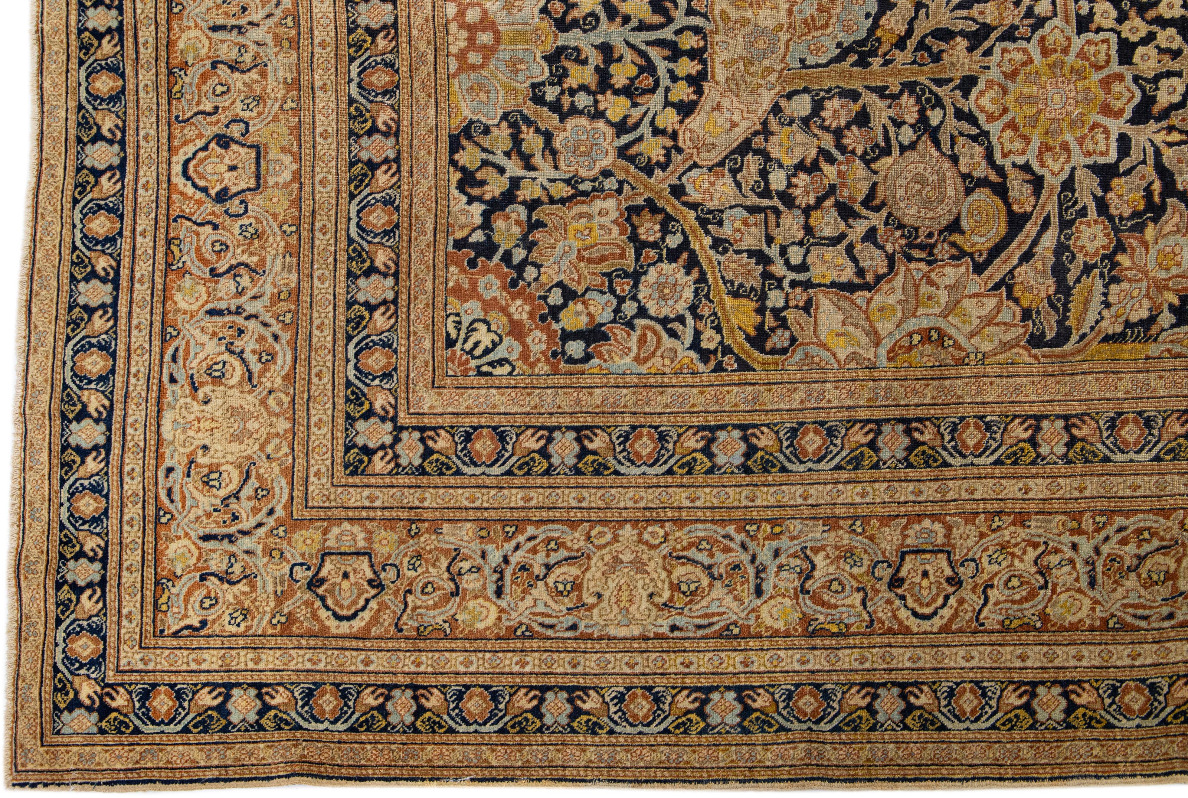 19th Century Handmade Antique Persian Tabriz Blue Wool Rug For Sale 2