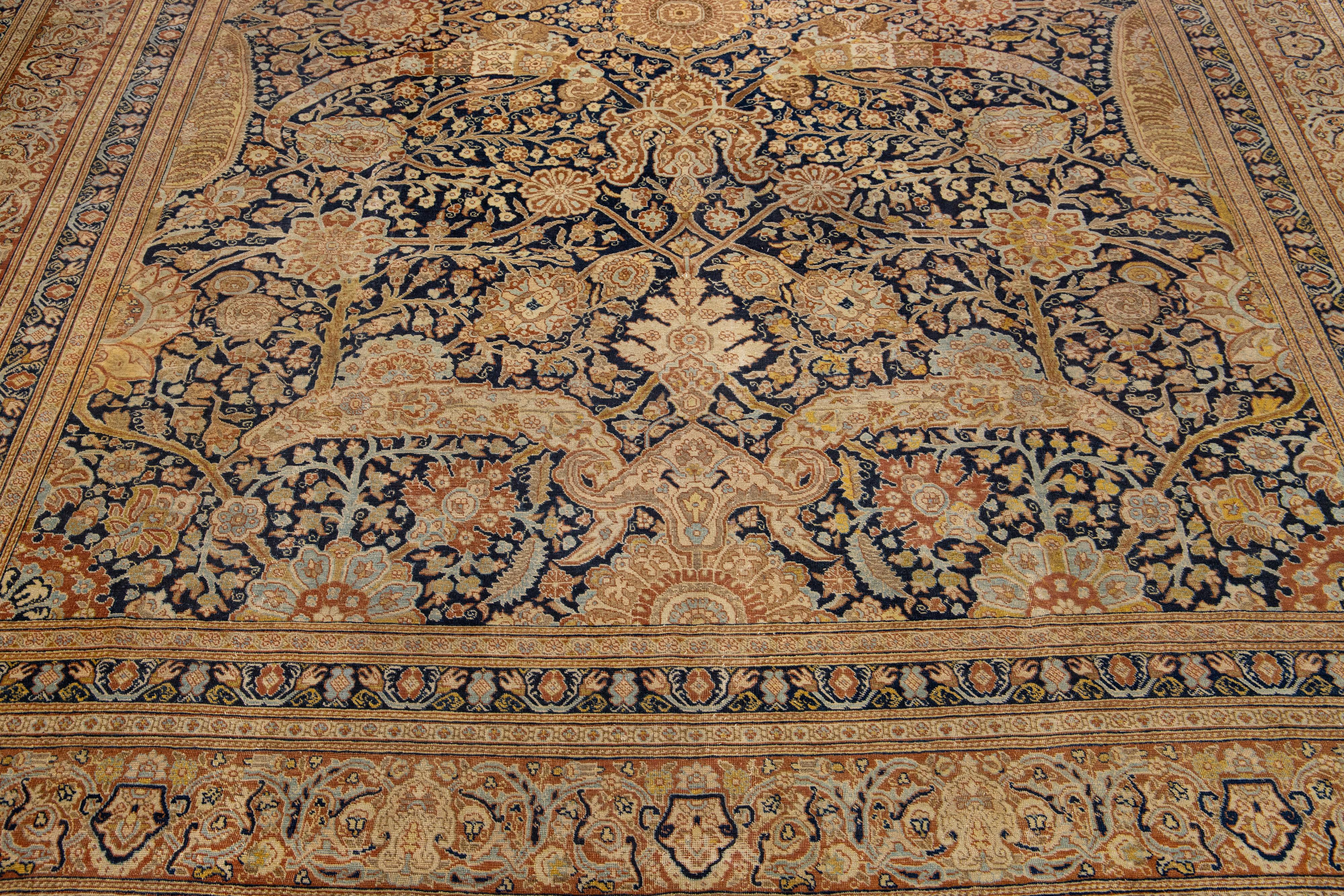 19th Century Handmade Antique Persian Tabriz Blue Wool Rug For Sale 3