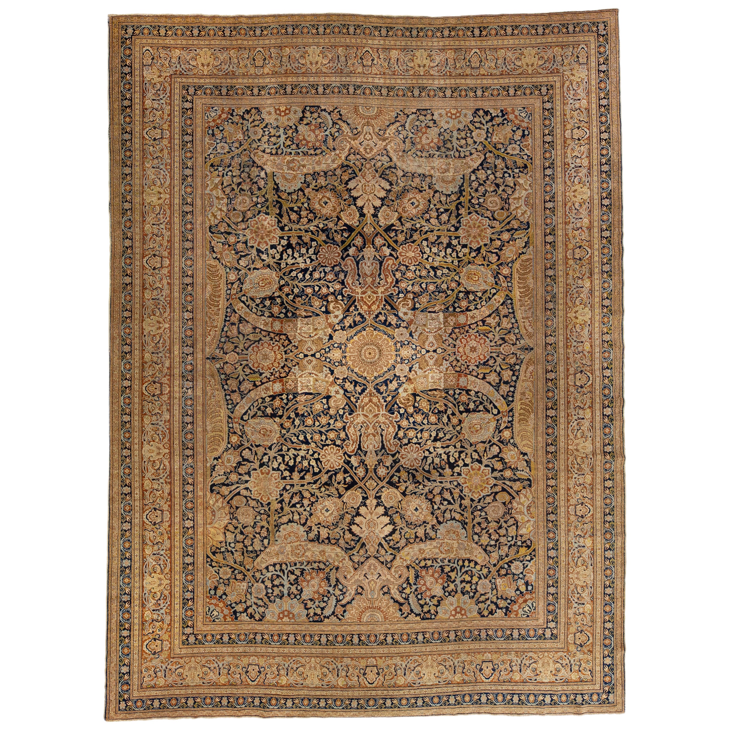Tappeto Tabriz antico persiano in lana blu del XIX secolo fatto a mano