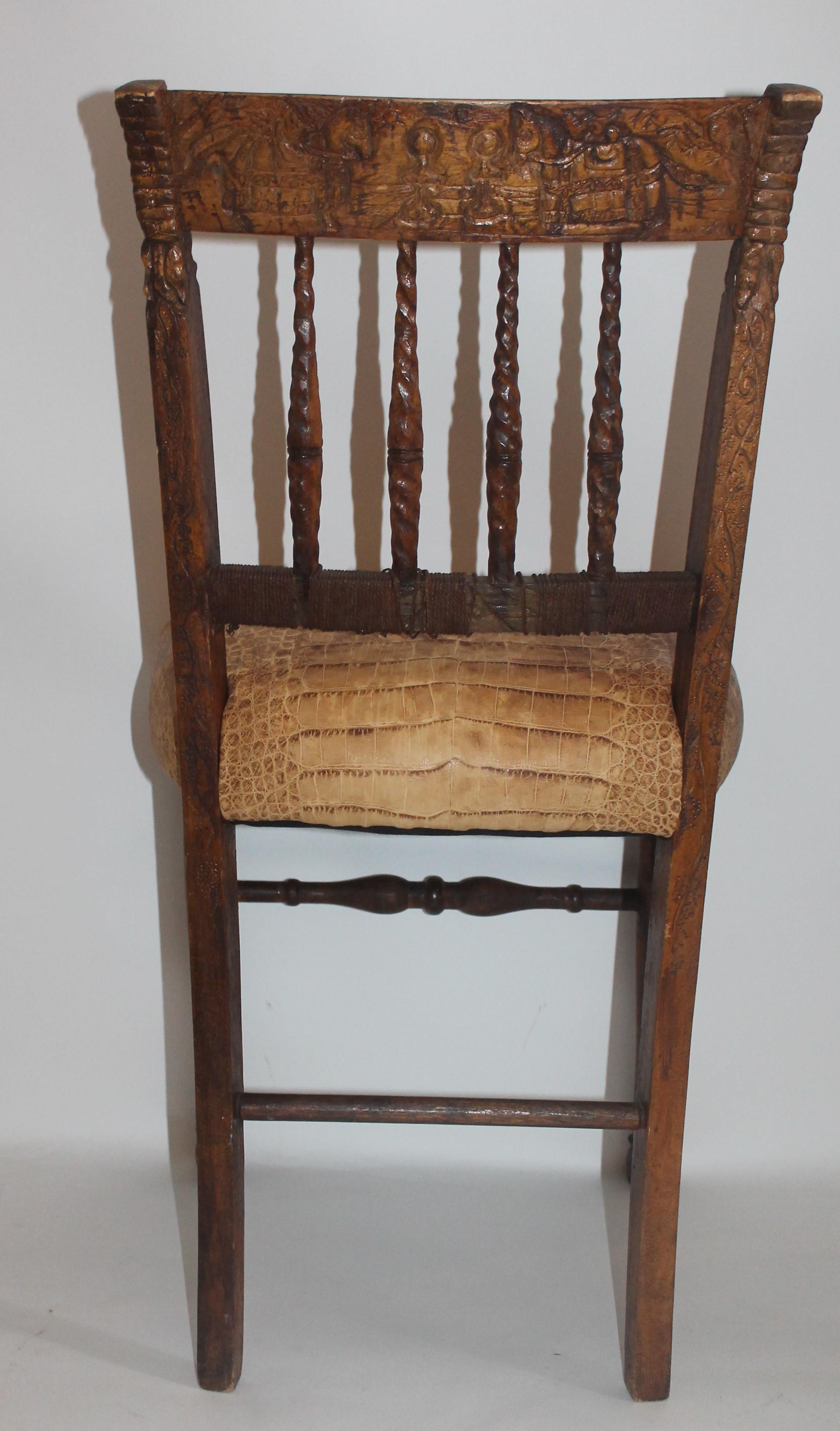 Folk Art 19th Century Handmade English Chess Carved Chair For Sale