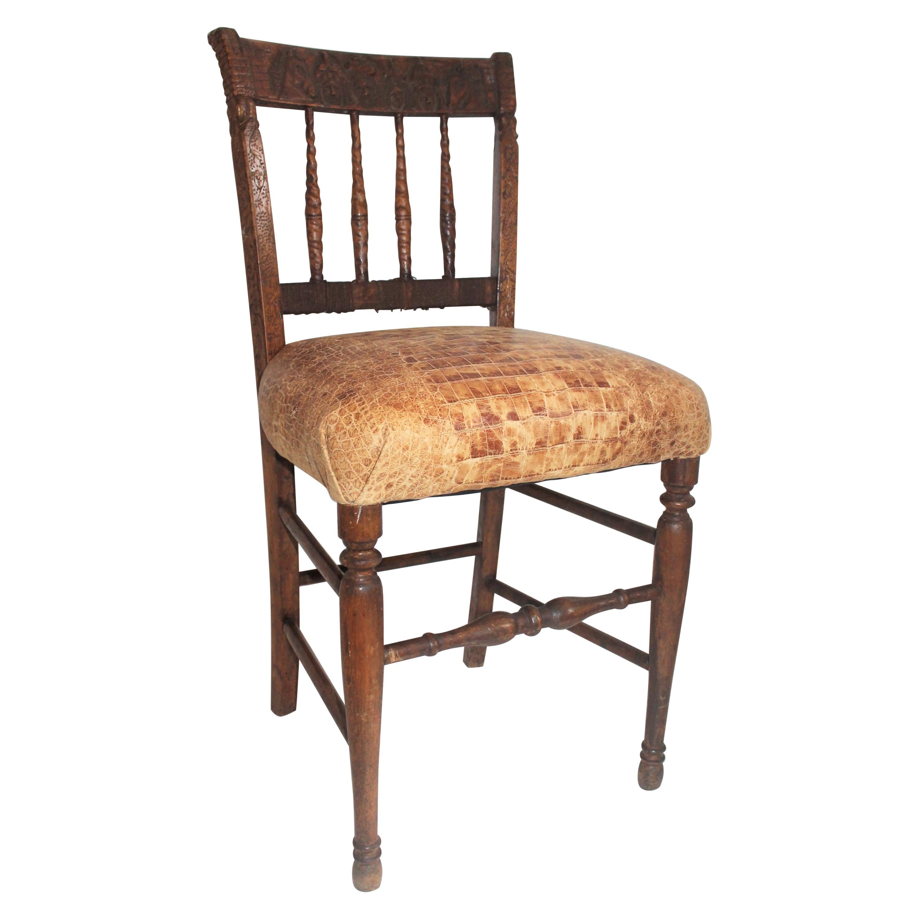 19th Century Handmade English Chess Carved Chair For Sale