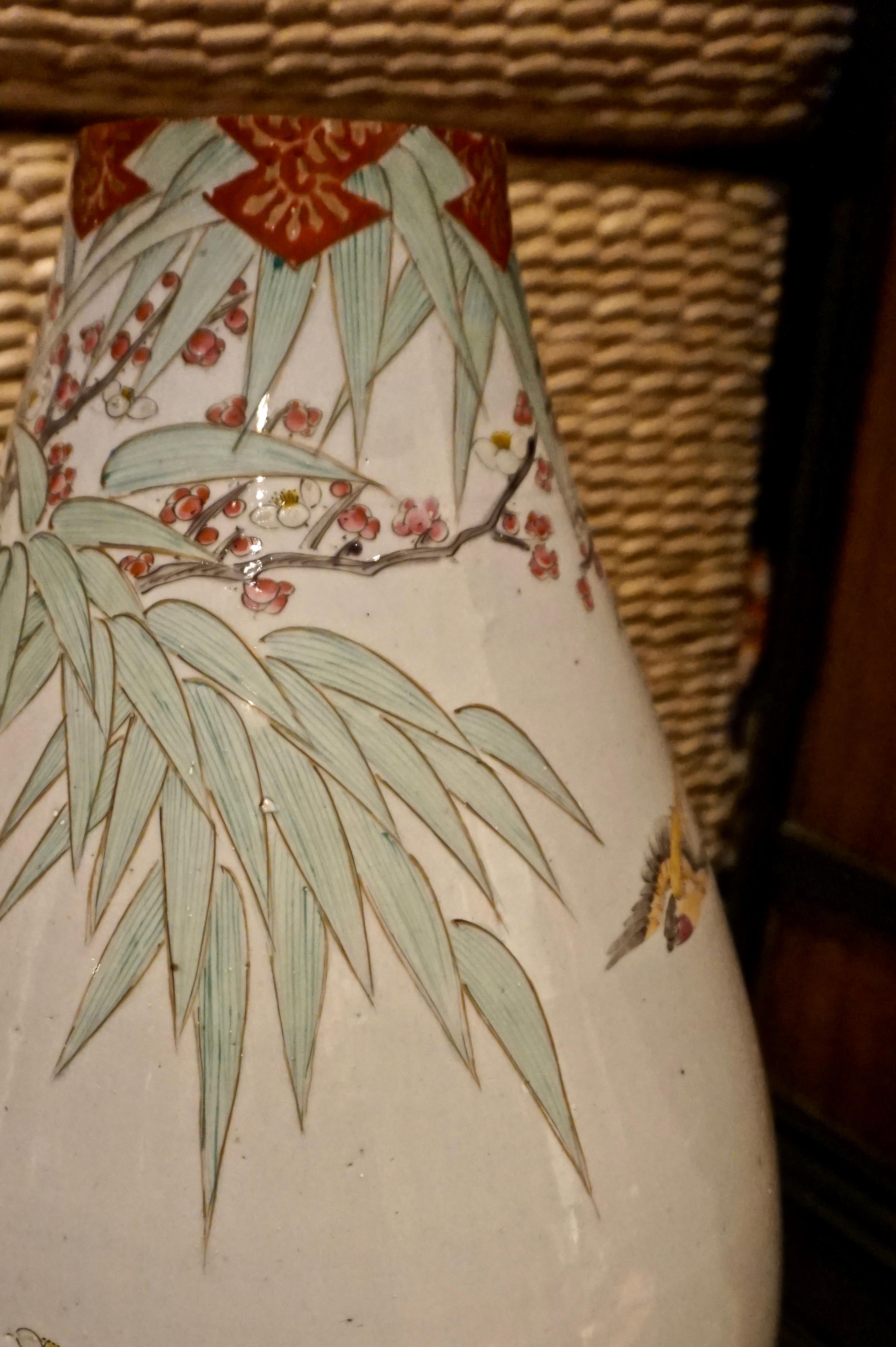 19th Century Handmade Large Japanese Conical Vase with Cranes and Foliage 4
