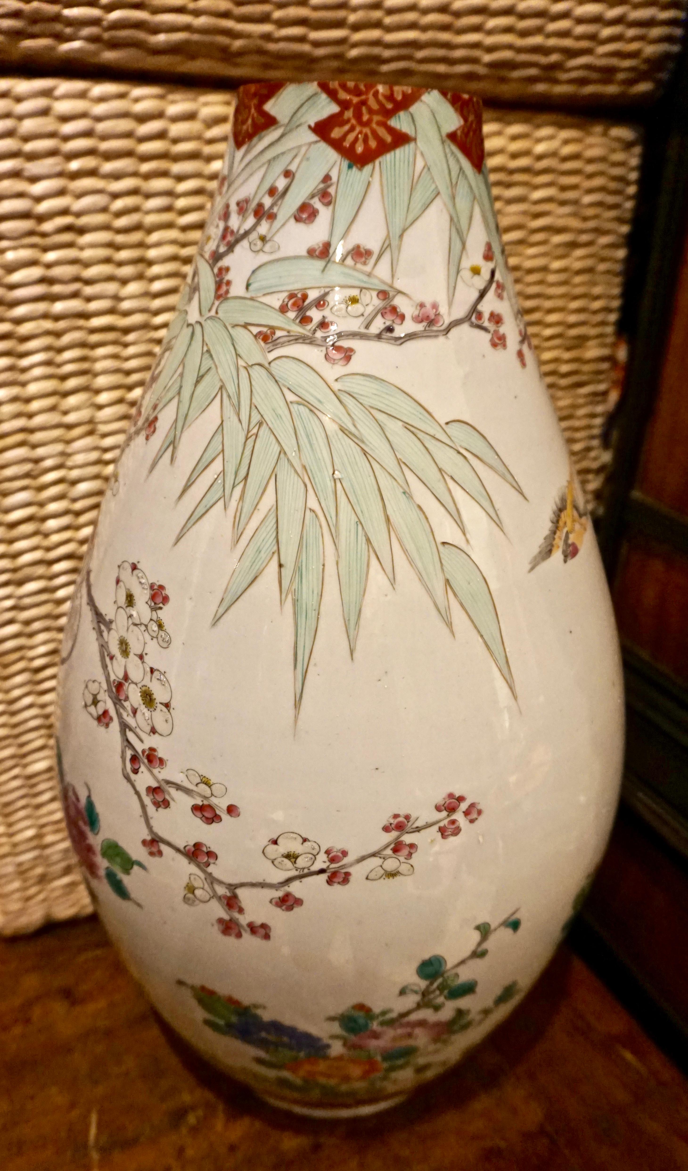 19th Century Handmade Large Japanese Conical Vase with Cranes and Foliage 5