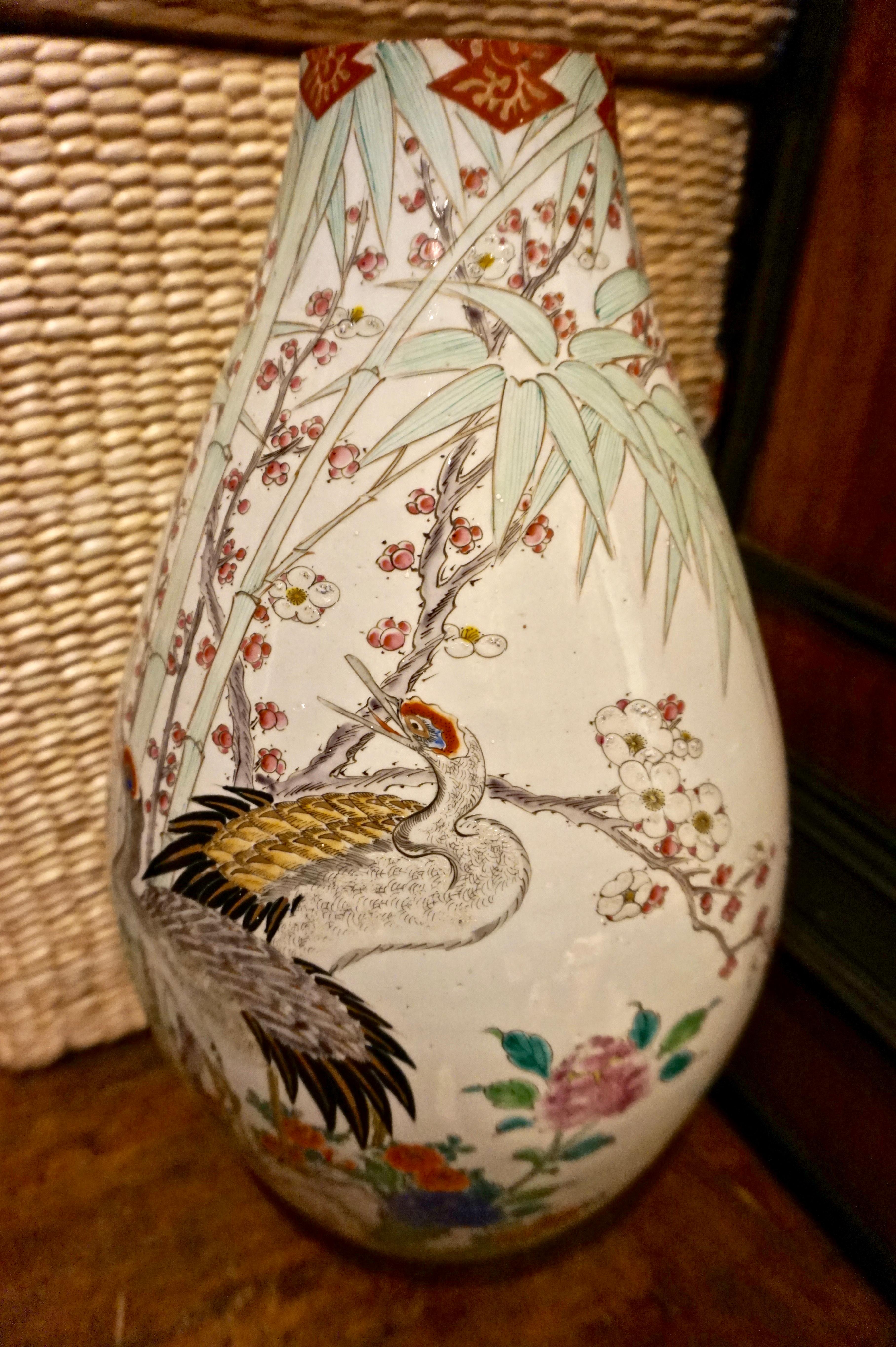 19th Century Handmade Large Japanese Conical Vase with Cranes and Foliage 6