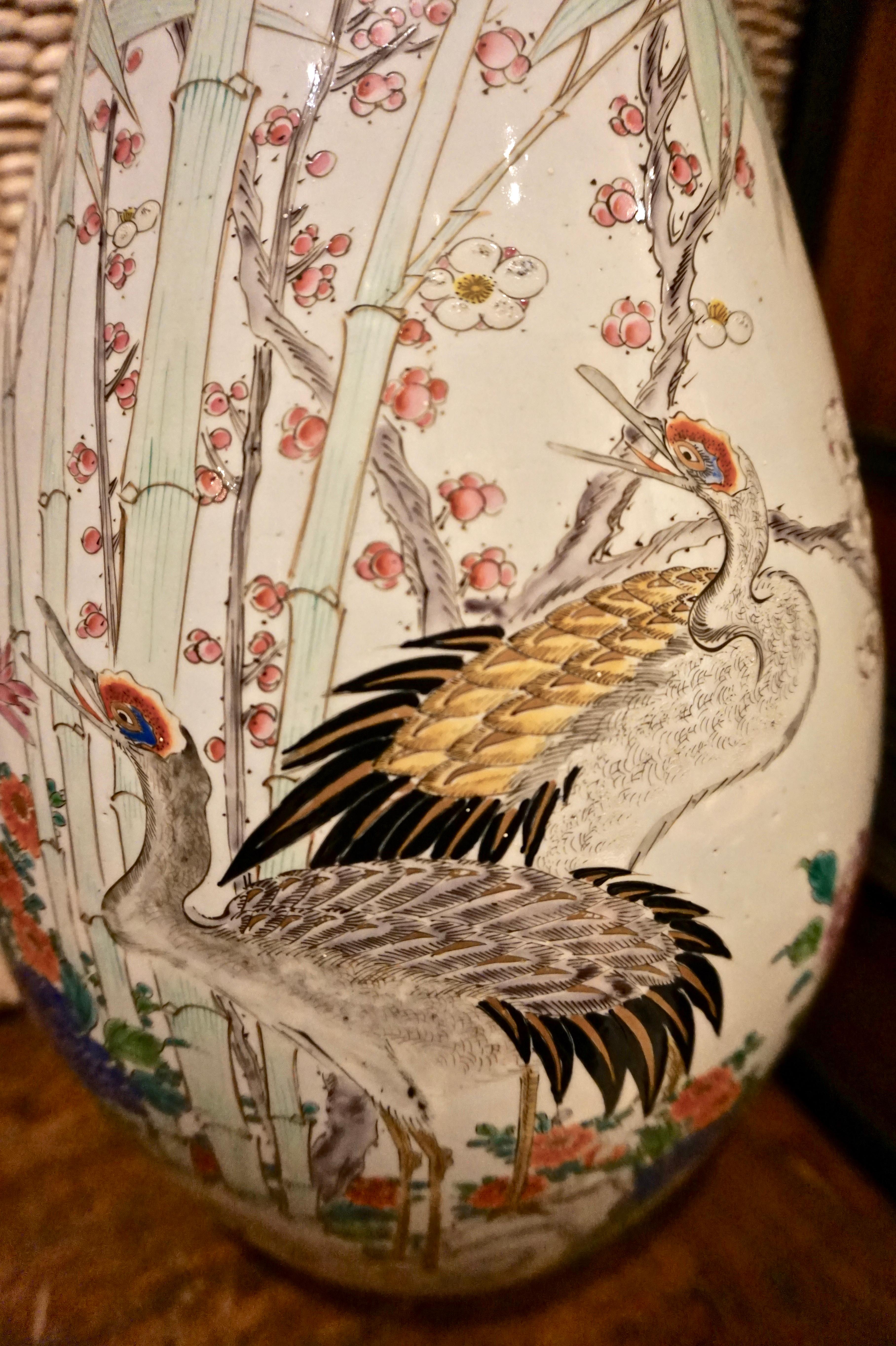 Japonisme 19th Century Handmade Large Japanese Conical Vase with Cranes and Foliage