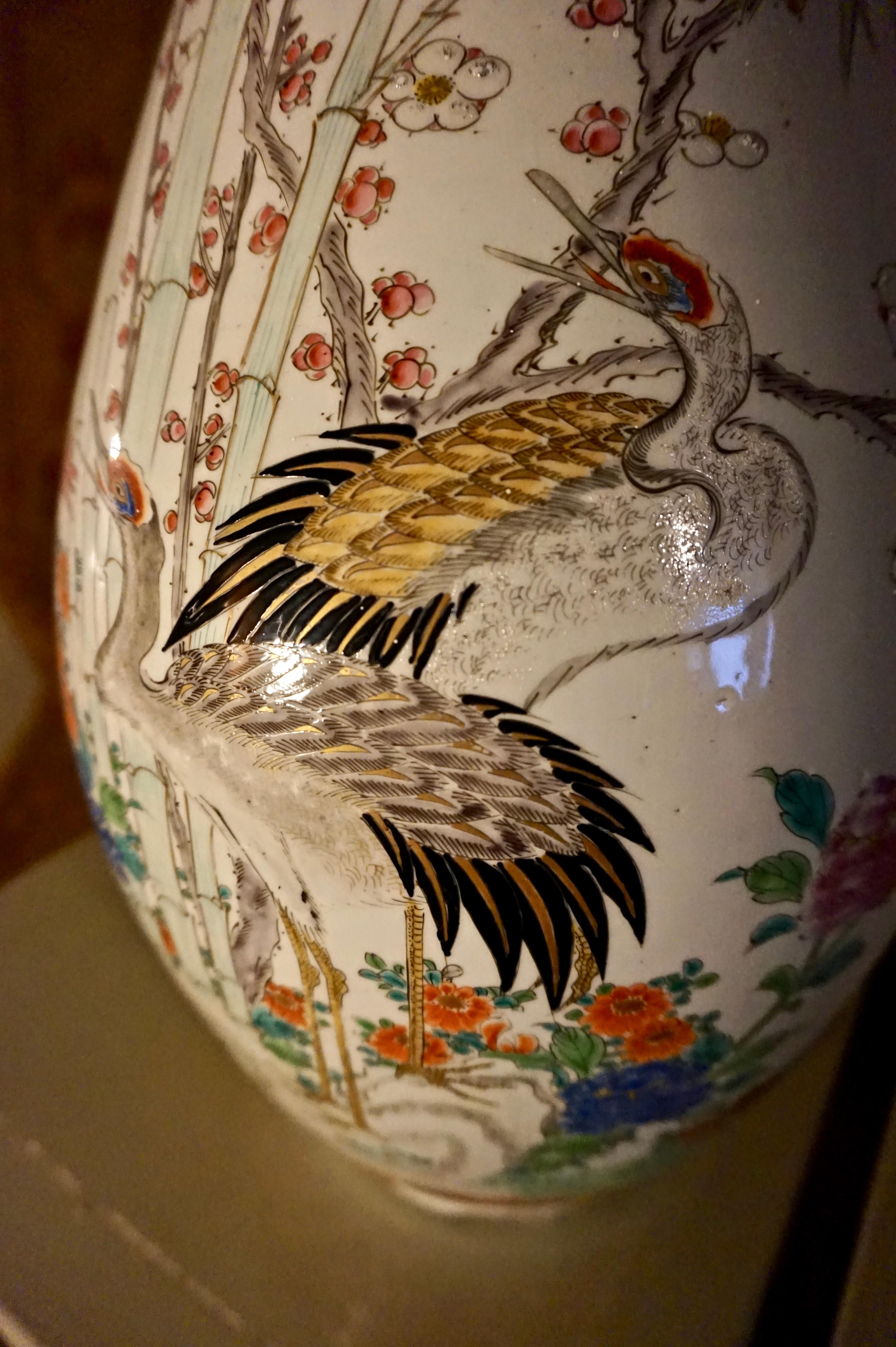 Asian 19th Century Handmade Large Japanese Conical Vase with Cranes and Foliage