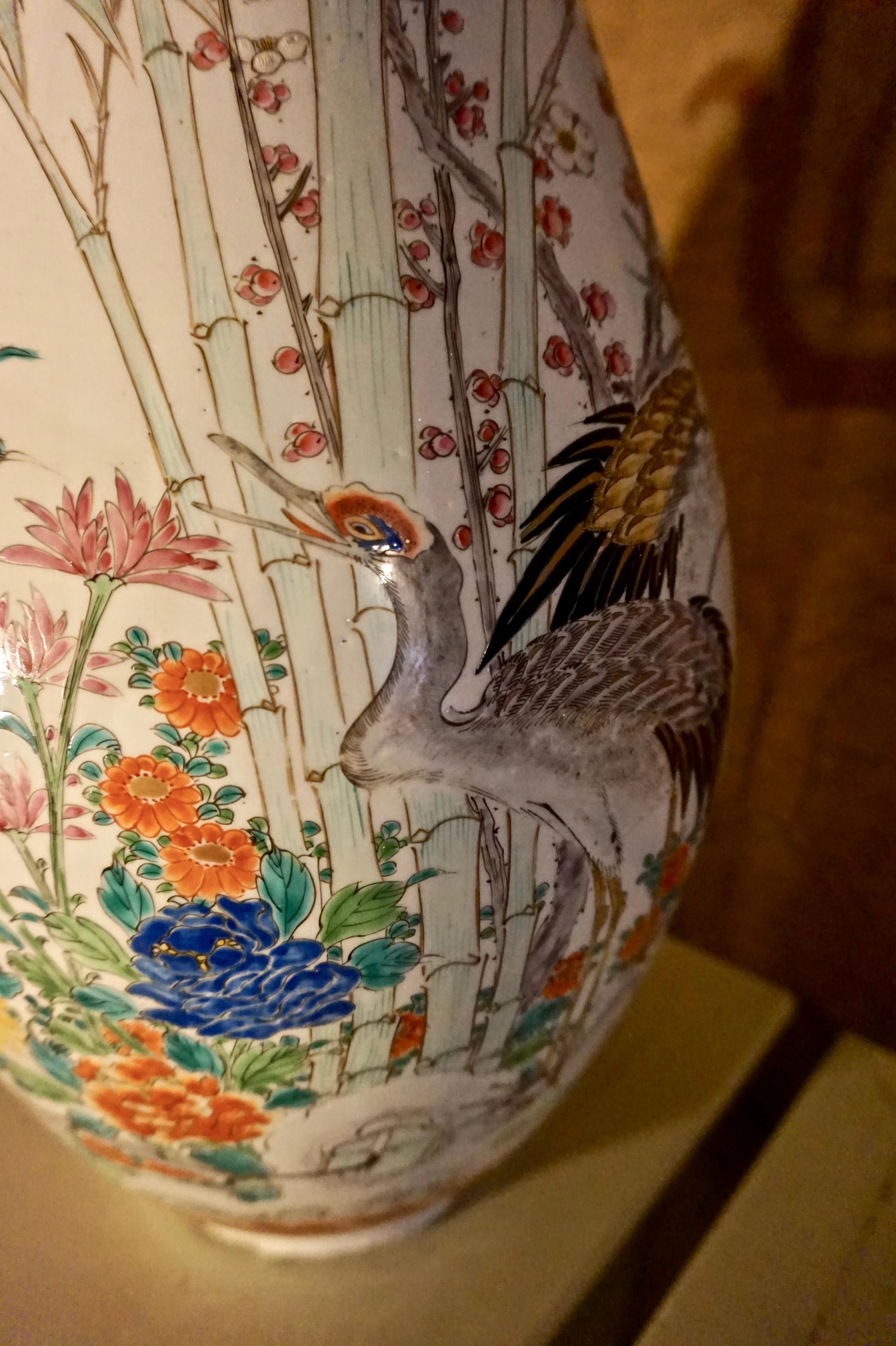 Hand-Painted 19th Century Handmade Large Japanese Conical Vase with Cranes and Foliage