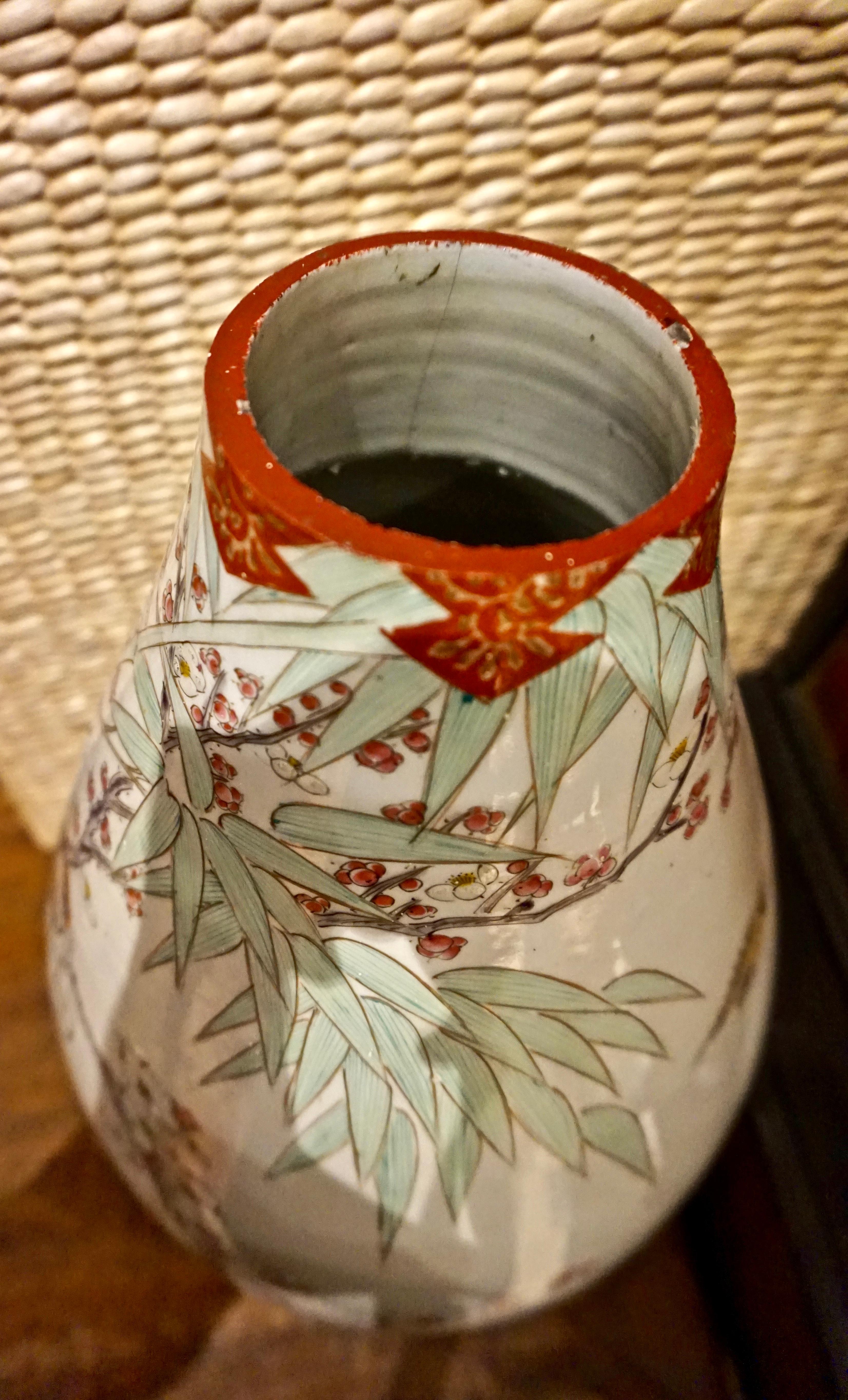 19th Century Handmade Large Japanese Conical Vase with Cranes and Foliage In Good Condition In Vancouver, British Columbia