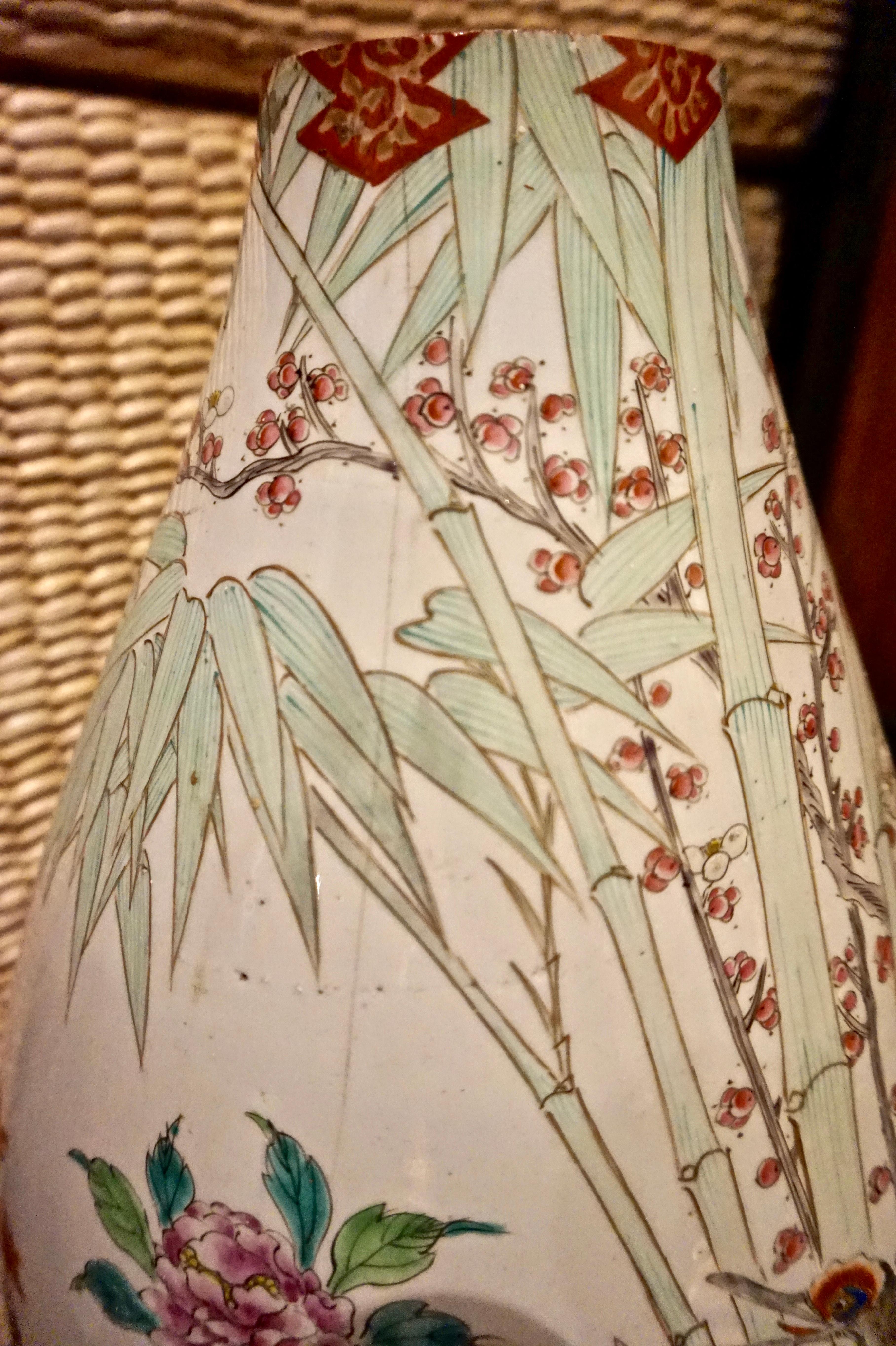 Ceramic 19th Century Handmade Large Japanese Conical Vase with Cranes and Foliage