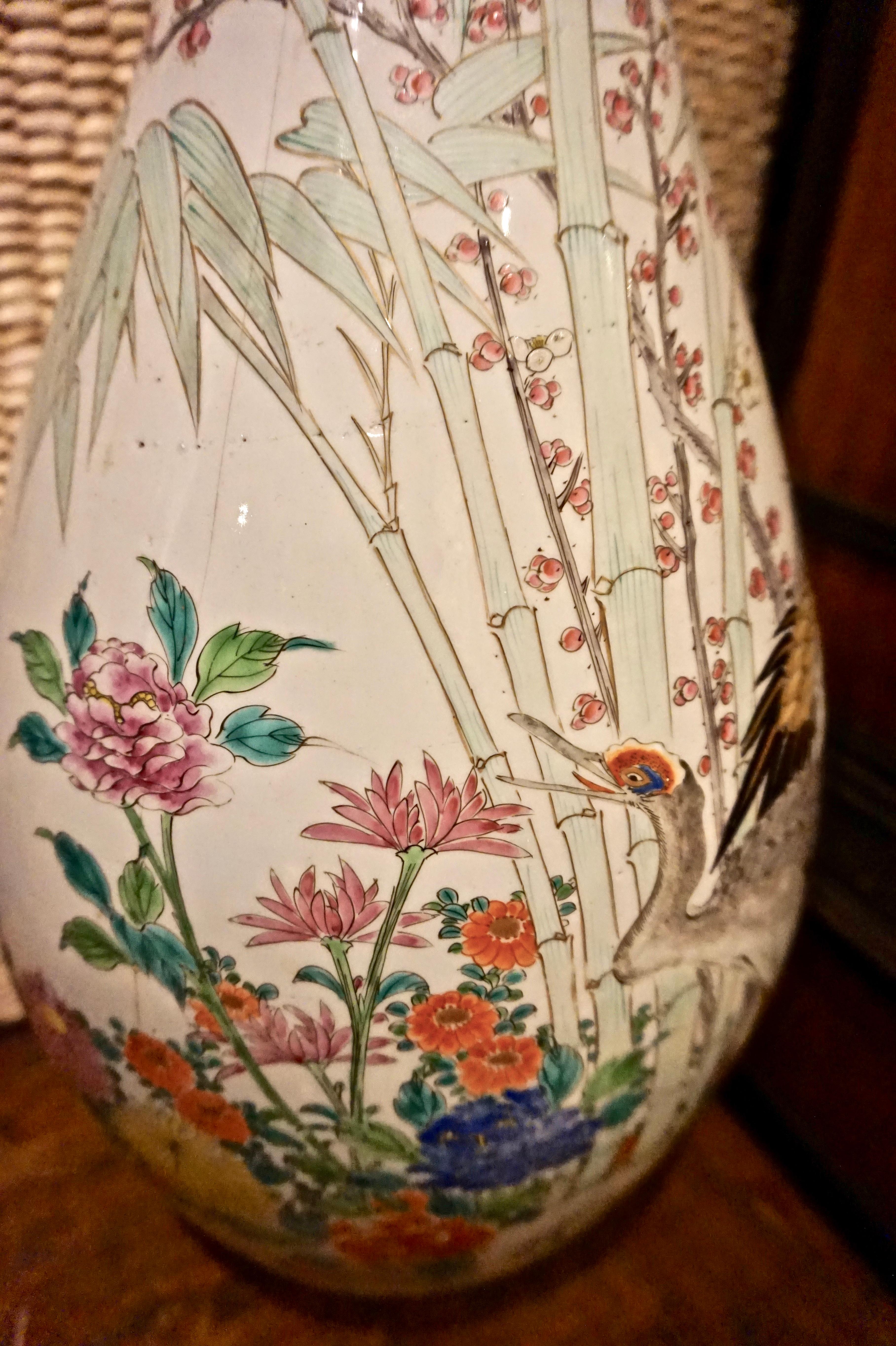 19th Century Handmade Large Japanese Conical Vase with Cranes and Foliage 1