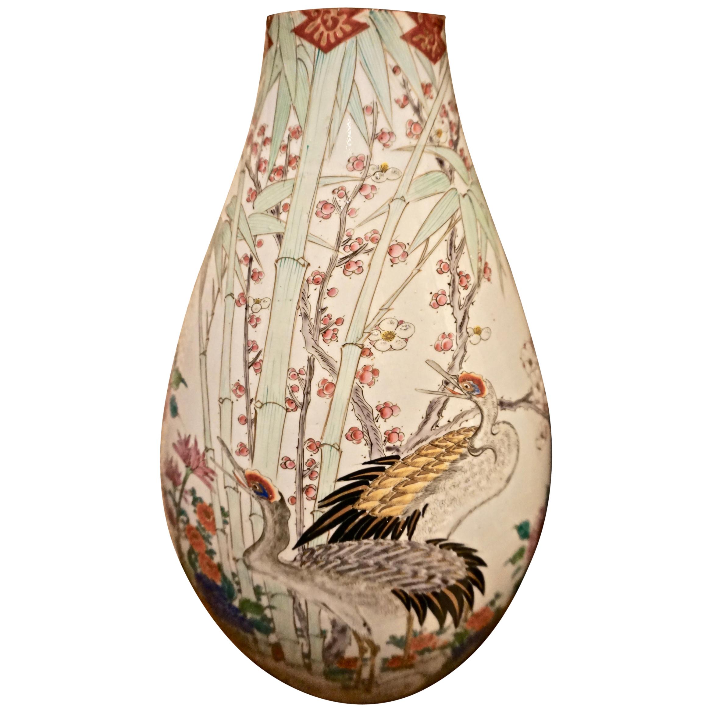 19th Century Handmade Large Japanese Conical Vase with Cranes and Foliage