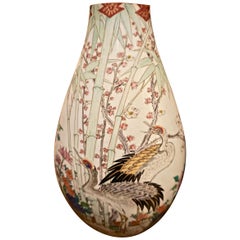 19th Century Handmade Large Japanese Conical Vase with Cranes and Foliage
