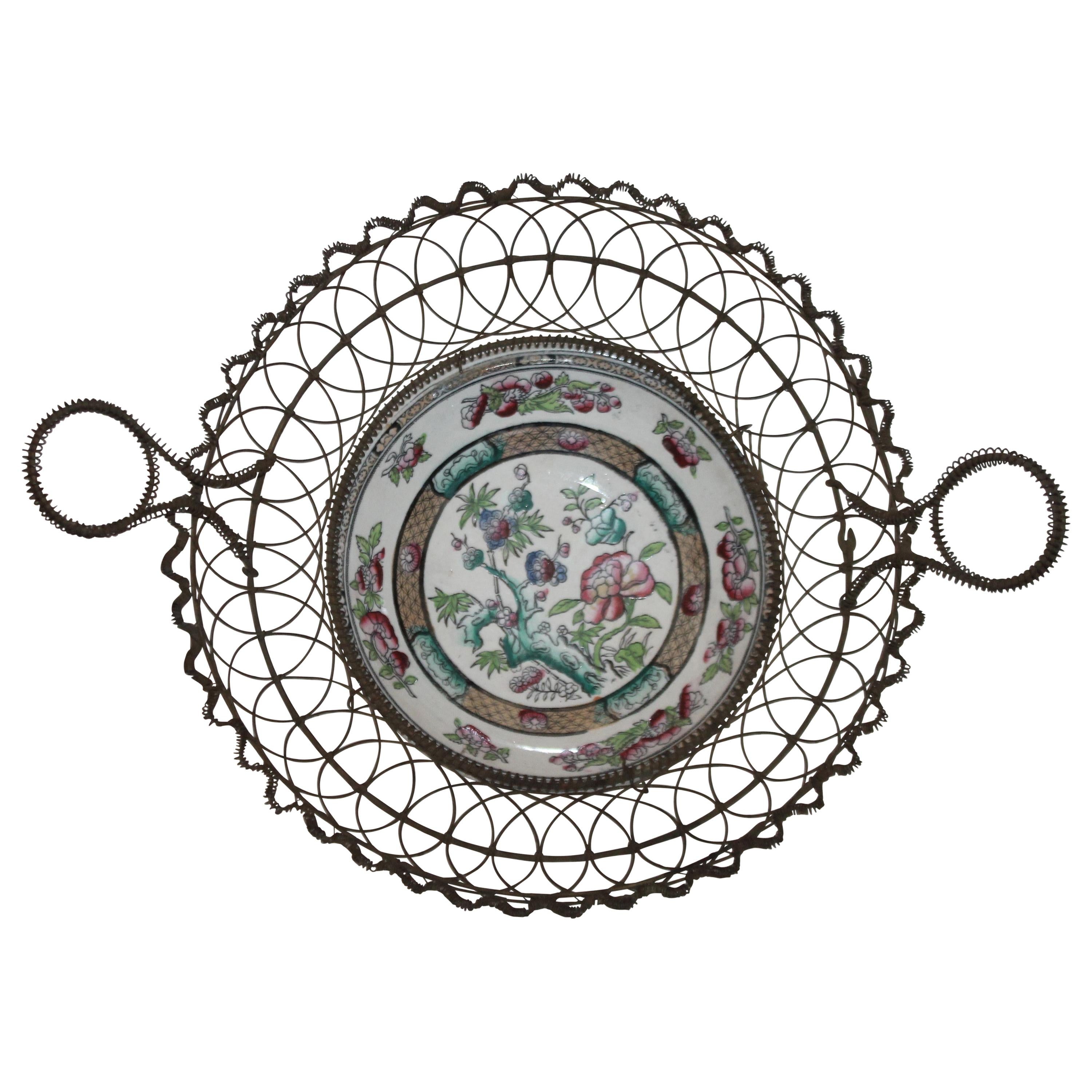 19th Century Handmade Wire Basket from 1870 with a Bowl Inset