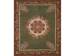 19th Century - Handwoven Aubusson Rug - French Antique Design - Green and Floral
