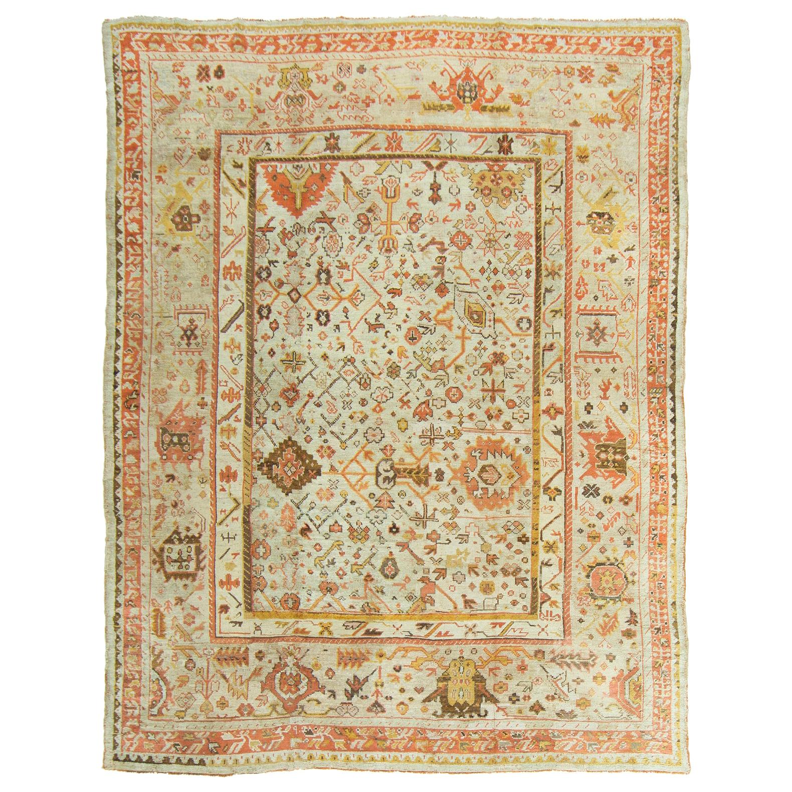 19th Century Handwoven Antique Turkish Oushak Rug  For Sale